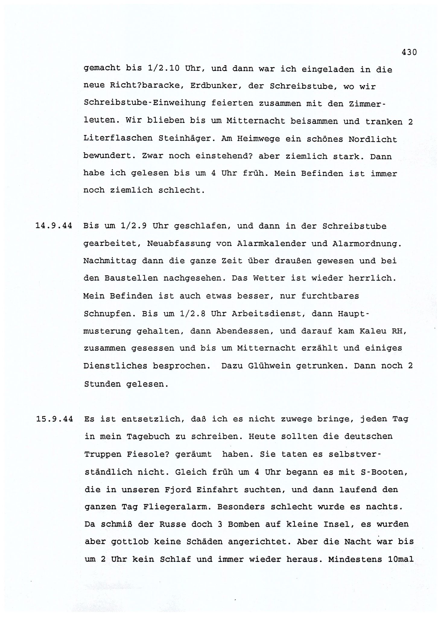 Dagbokopptegnelser av en tysk marineoffiser stasjonert i Norge , FMFB/A-1160/F/L0001: Dagbokopptegnelser av en tysk marineoffiser stasjonert i Norge, 1941-1944, s. 430