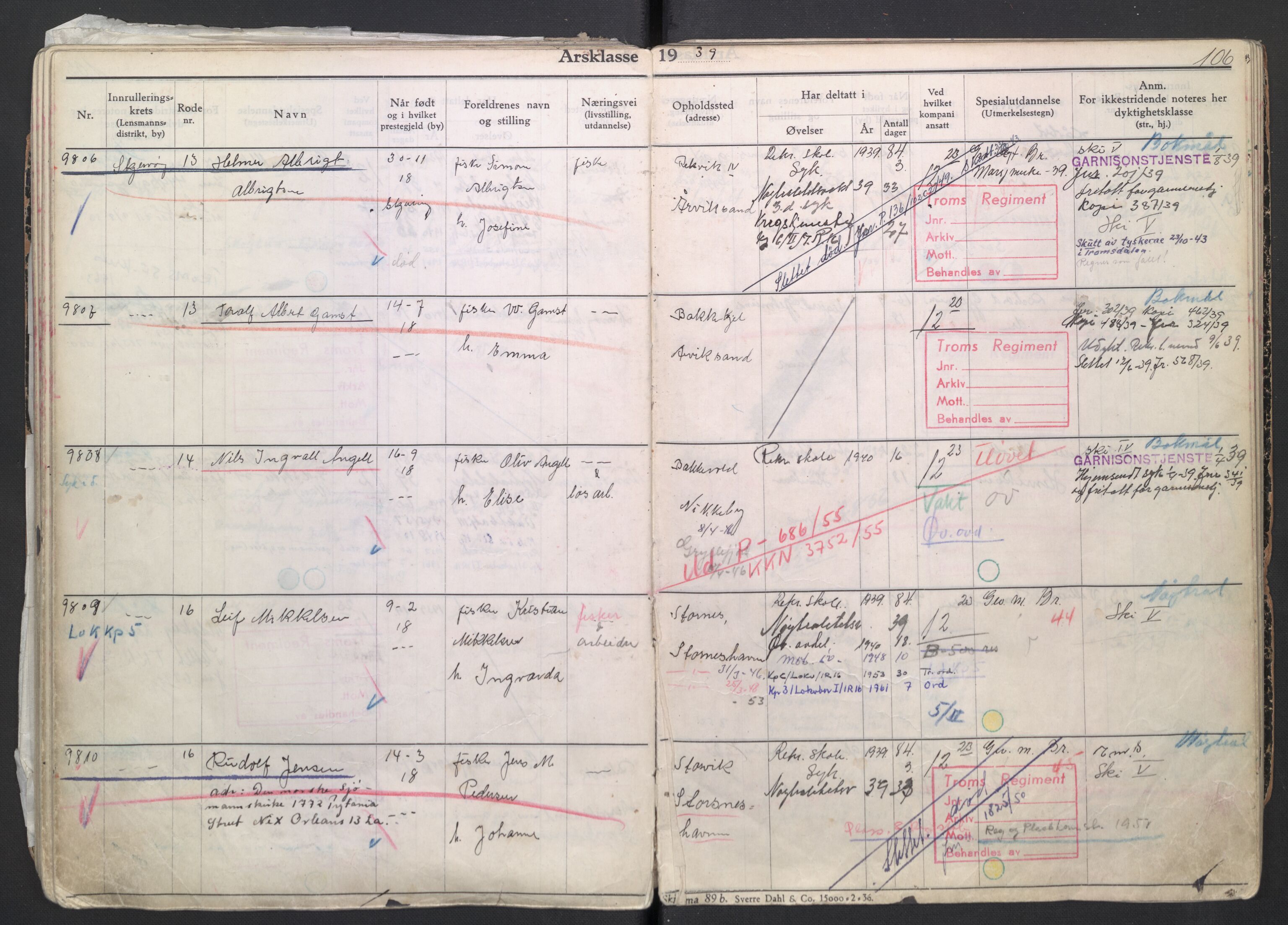 Forsvaret, Troms infanteriregiment nr. 16, AV/RA-RAFA-3146/P/Pa/L0007/0004: Ruller / Rulle for regimentets menige mannskaper, årsklasse 1939, 1939, s. 106