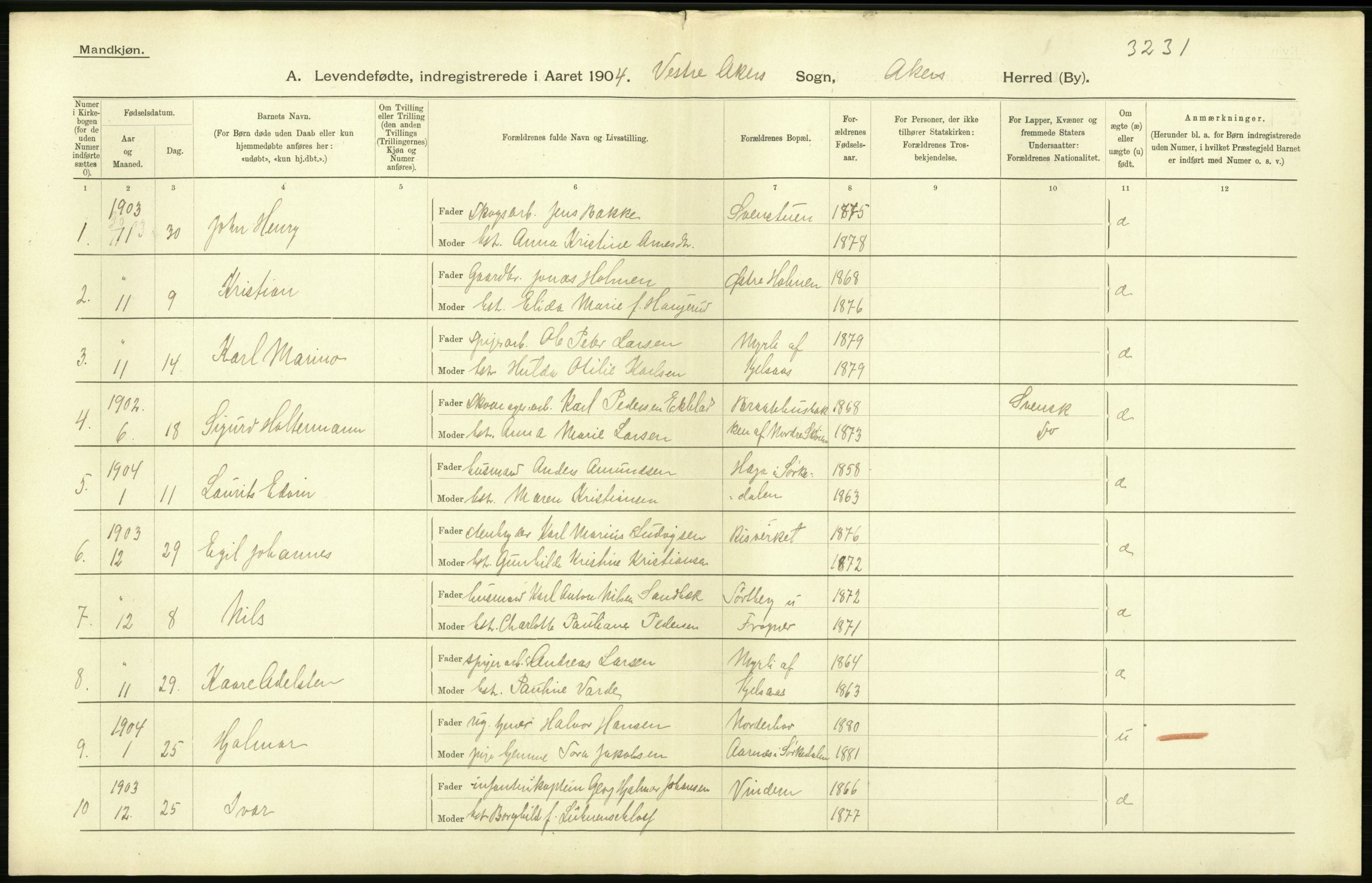 Statistisk sentralbyrå, Sosiodemografiske emner, Befolkning, AV/RA-S-2228/D/Df/Dfa/Dfab/L0002: Akershus amt: Fødte, gifte, døde, 1904, s. 428