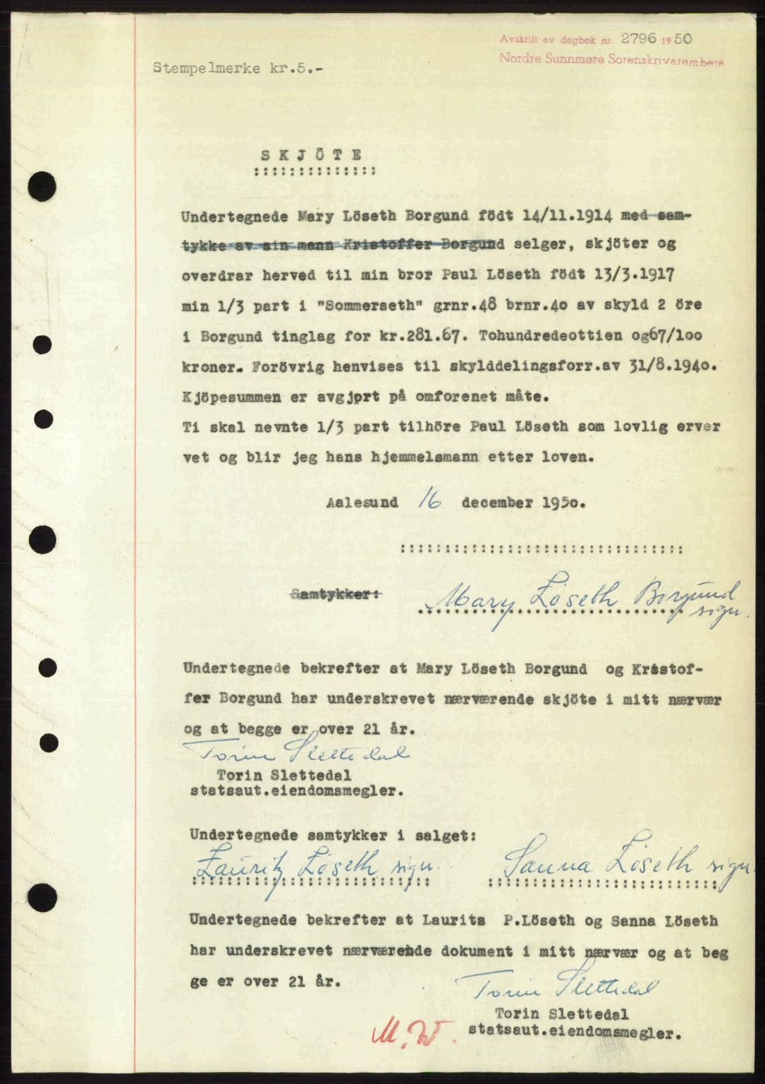 Nordre Sunnmøre sorenskriveri, SAT/A-0006/1/2/2C/2Ca: Pantebok nr. A36, 1950-1950, Dagboknr: 2796/1950
