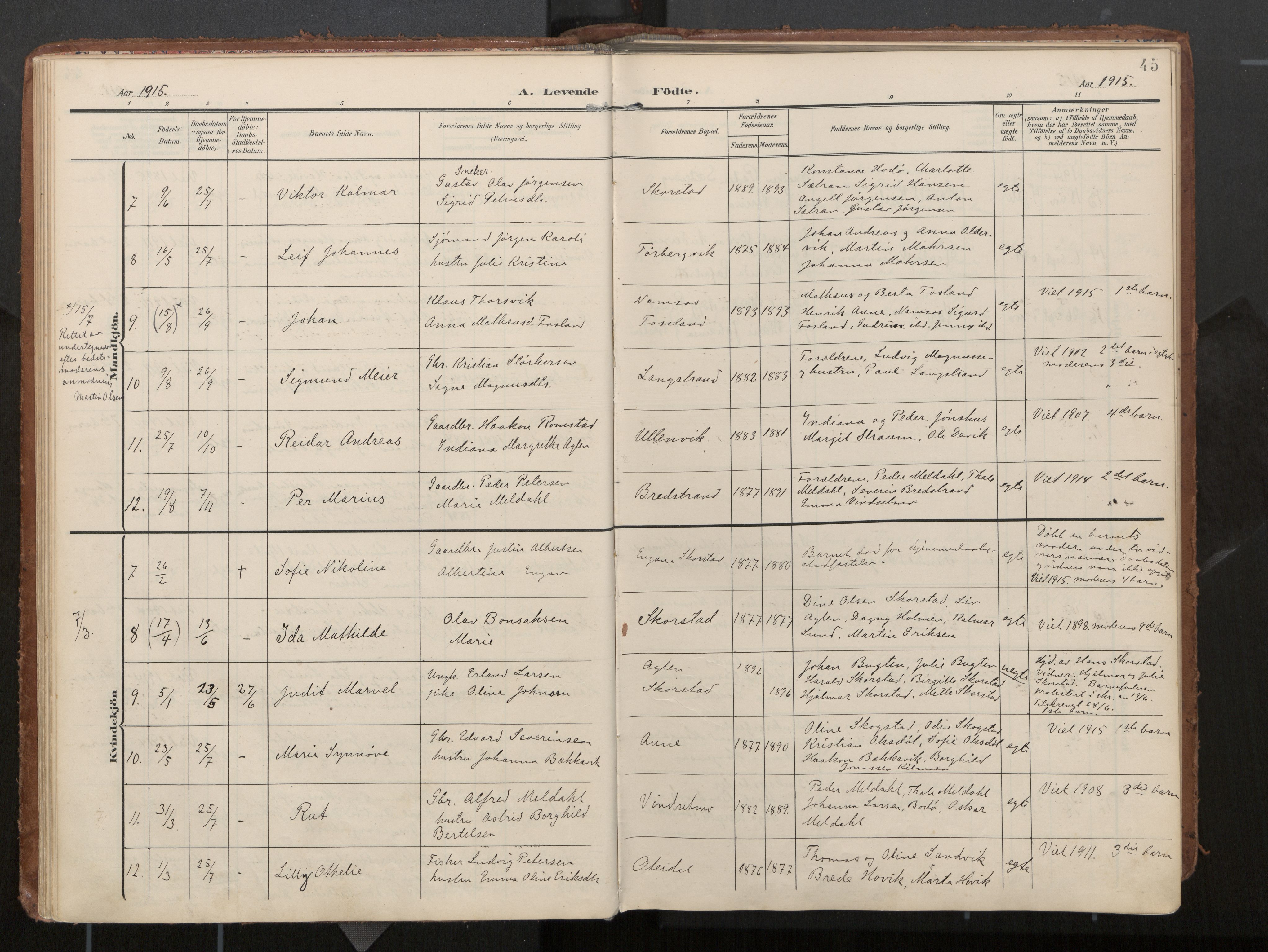 Ministerialprotokoller, klokkerbøker og fødselsregistre - Nord-Trøndelag, SAT/A-1458/774/L0629: Ministerialbok, 1904-1926, s. 45