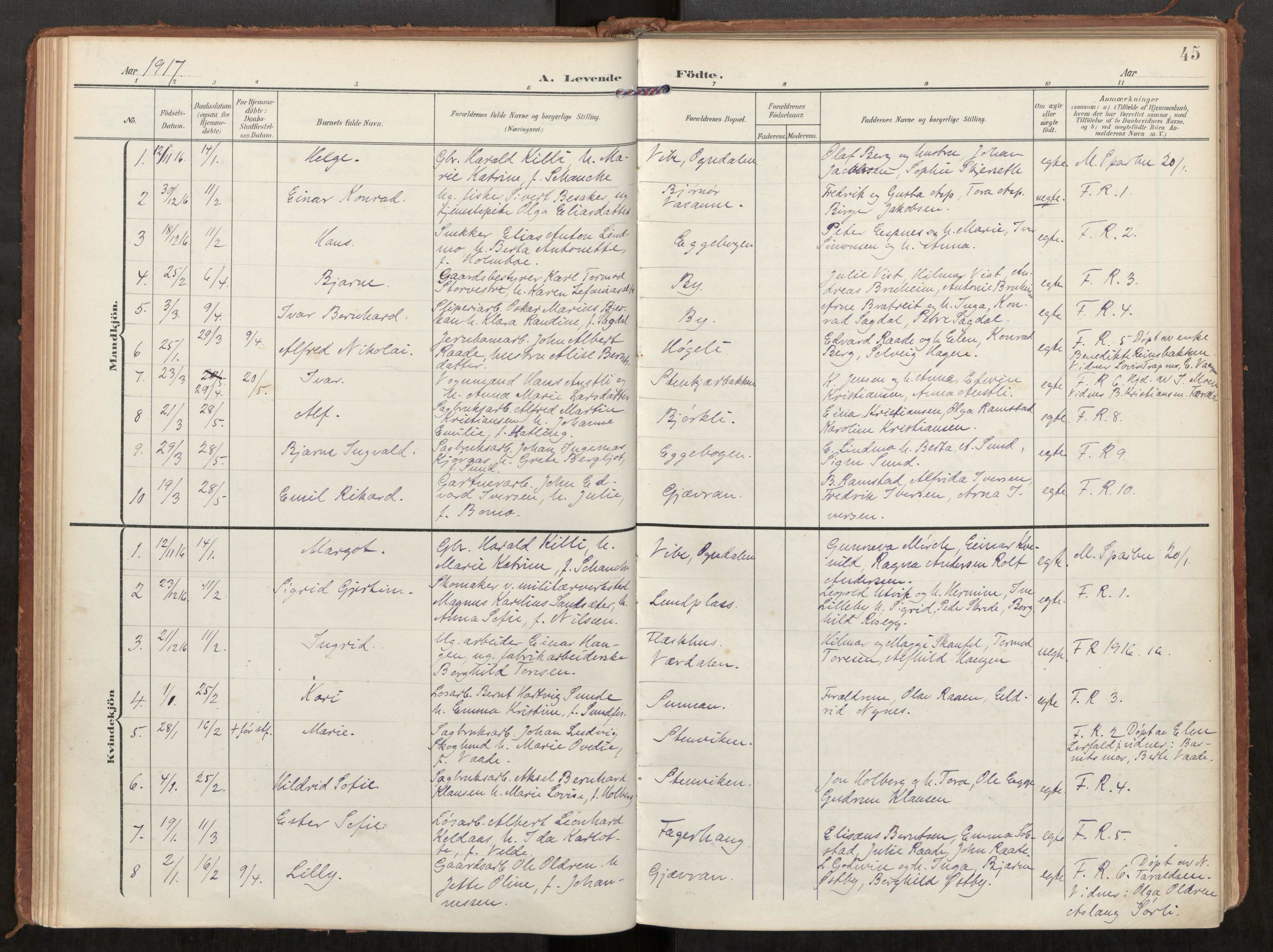 Steinkjer sokneprestkontor, AV/SAT-A-1541/01/H/Ha/Haa/L0002: Ministerialbok nr. 2, 1907-1917, s. 45