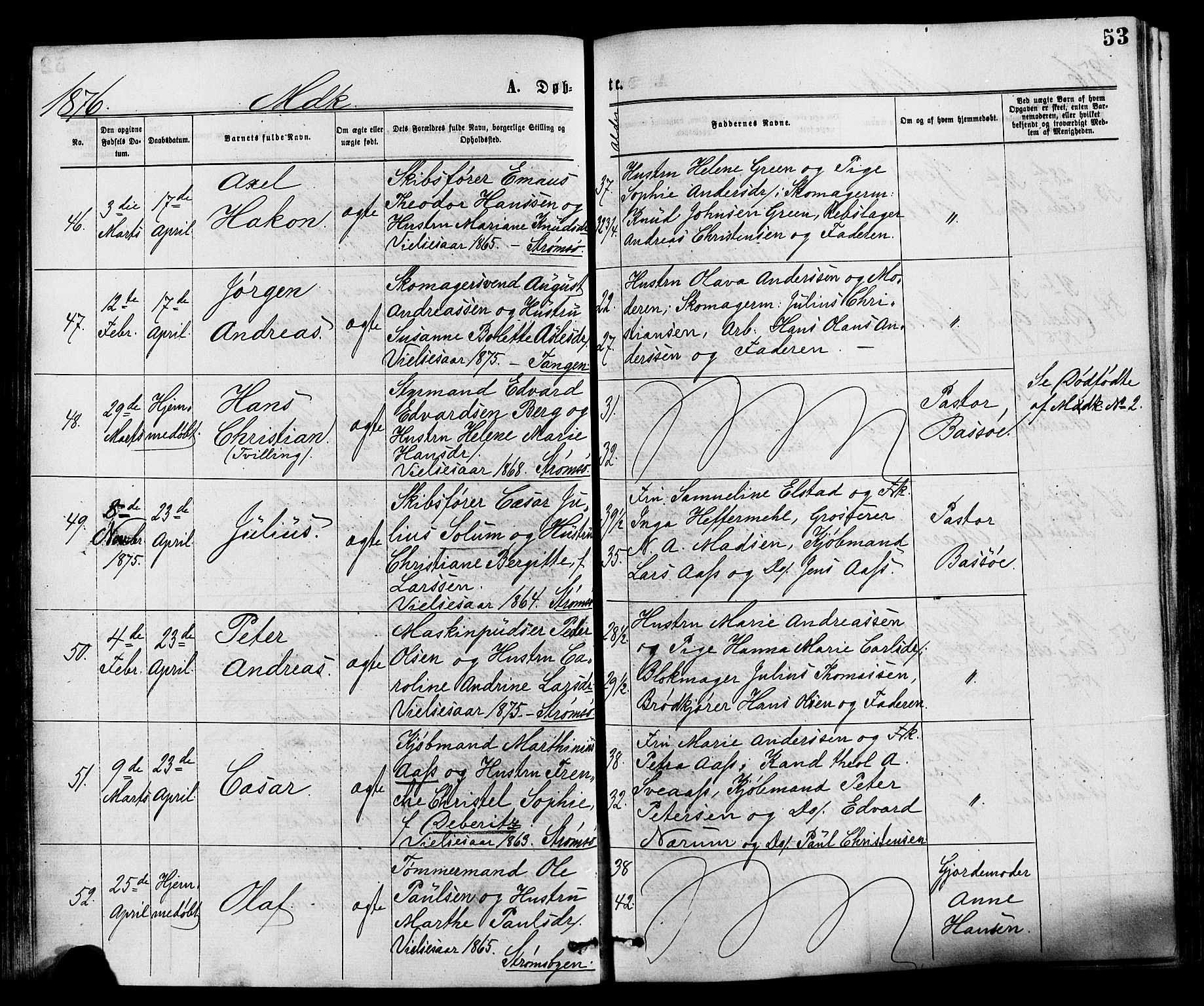 Strømsø kirkebøker, AV/SAKO-A-246/F/Fa/L0019: Ministerialbok nr. I 19, 1874-1877, s. 53