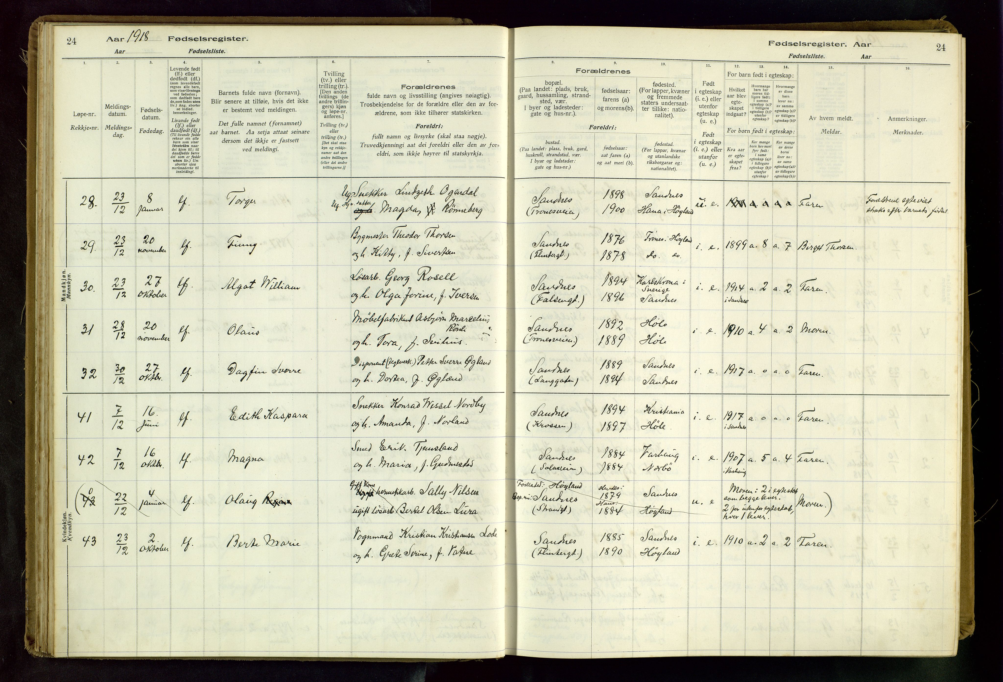 Sandnes sokneprestkontor, AV/SAST-A-101800/704BA/L0001: Fødselsregister nr. 1, 1916-1942, s. 24