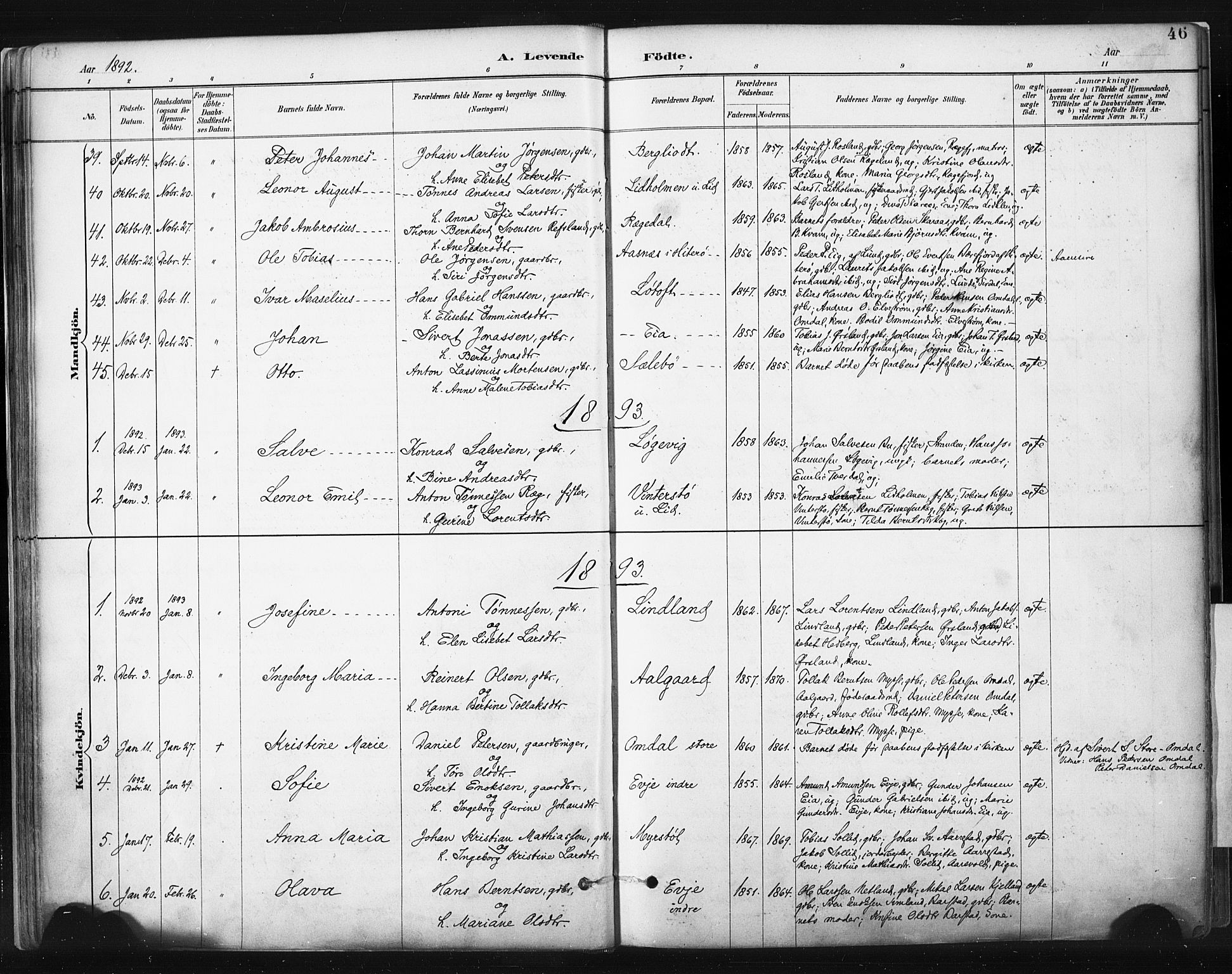 Sokndal sokneprestkontor, AV/SAST-A-101808: Ministerialbok nr. A 11.1, 1887-1905, s. 46