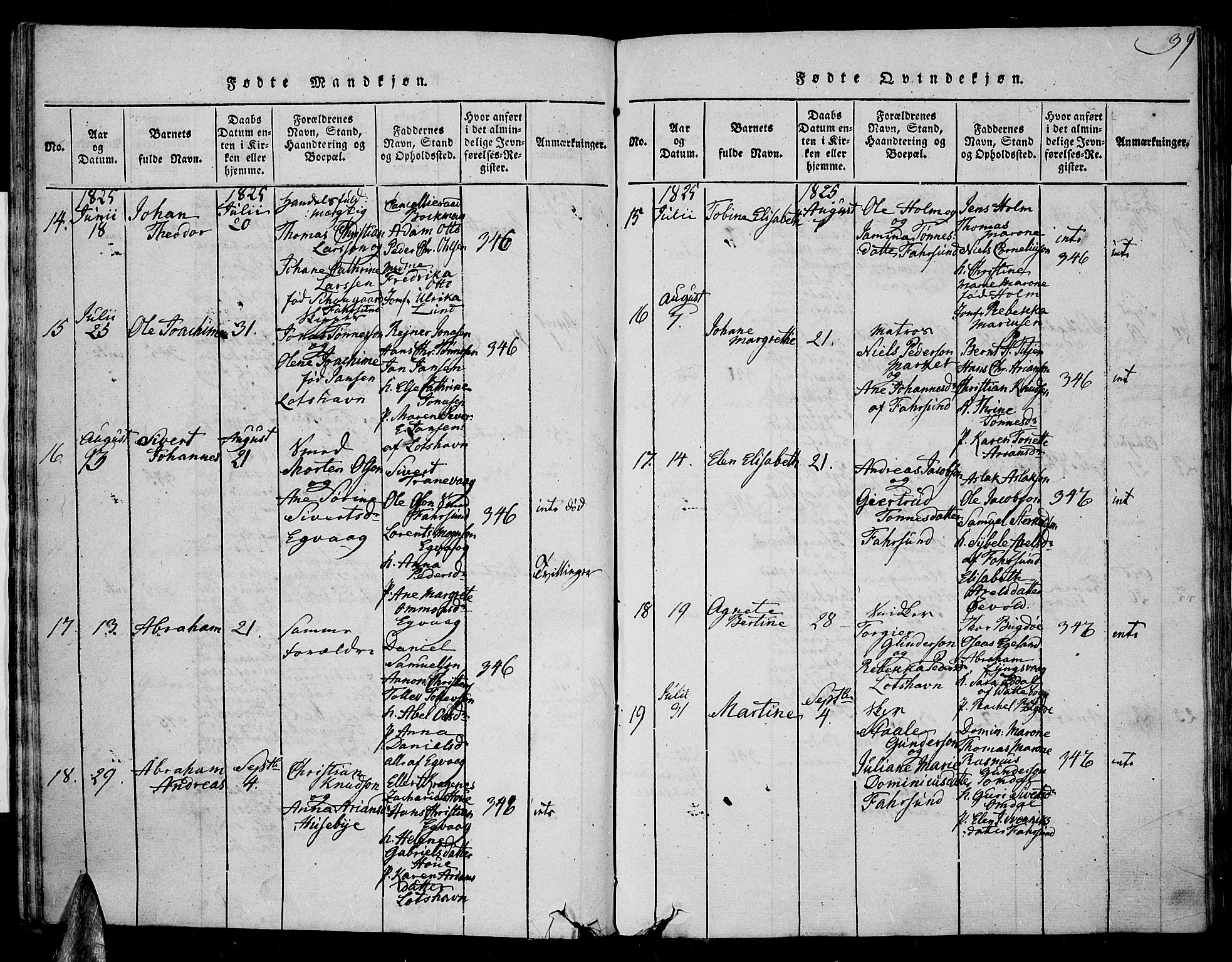 Farsund sokneprestkontor, AV/SAK-1111-0009/F/Fa/L0002: Ministerialbok nr. A 2, 1815-1836, s. 39