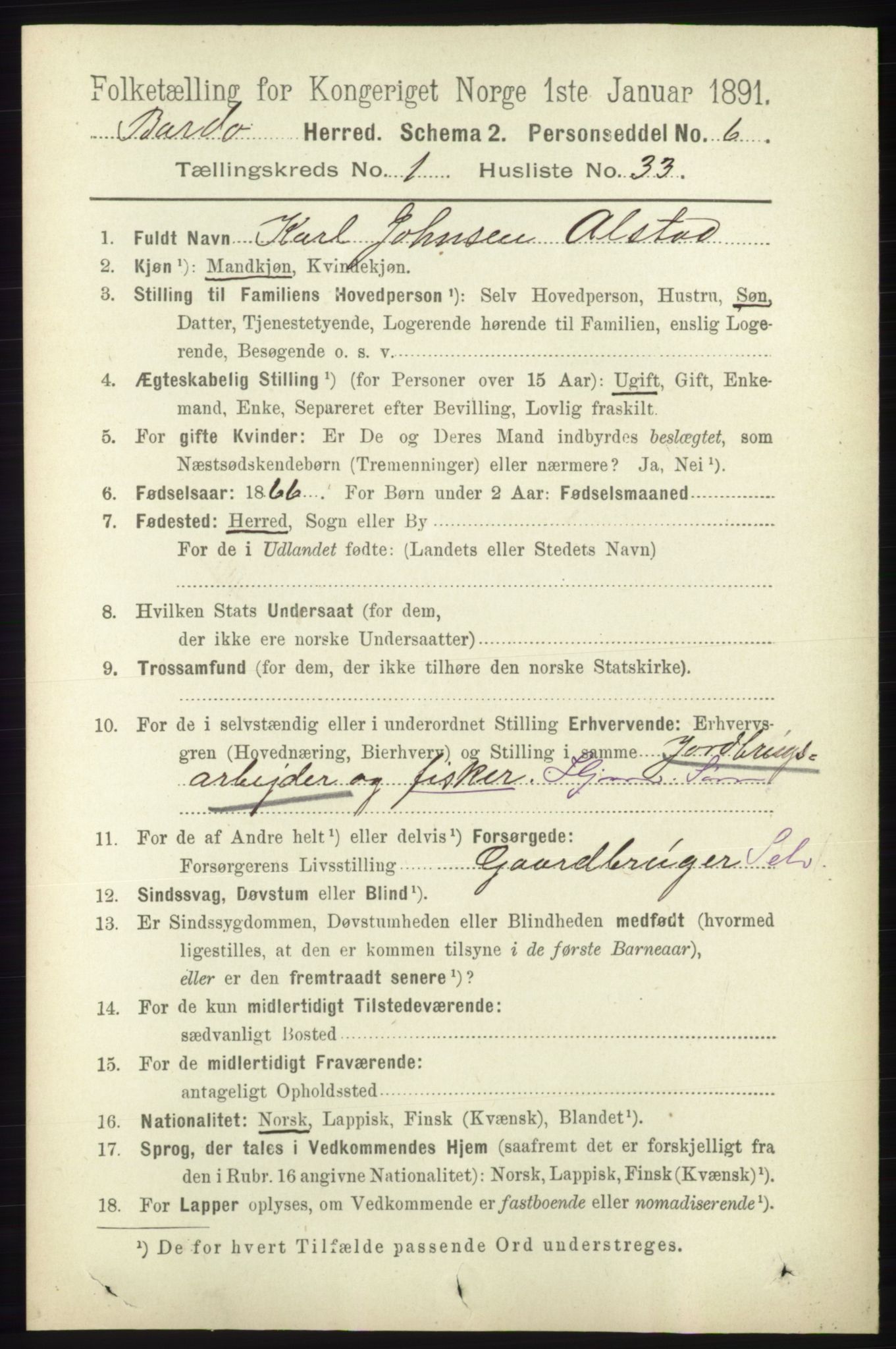 RA, Folketelling 1891 for 1922 Bardu herred, 1891, s. 314