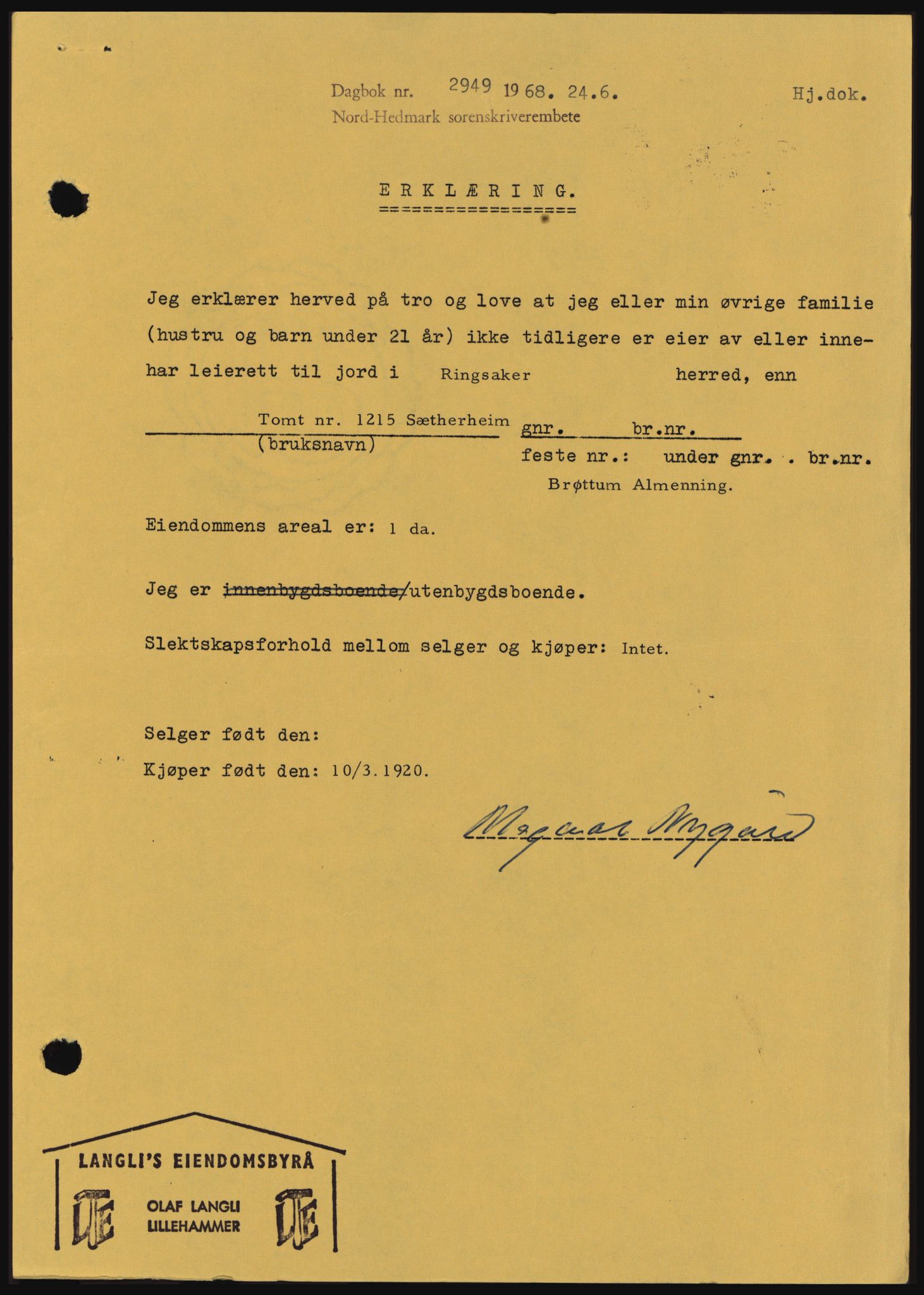 Nord-Hedmark sorenskriveri, SAH/TING-012/H/Hc/L0028: Pantebok nr. 28, 1968-1968, Dagboknr: 2949/1968