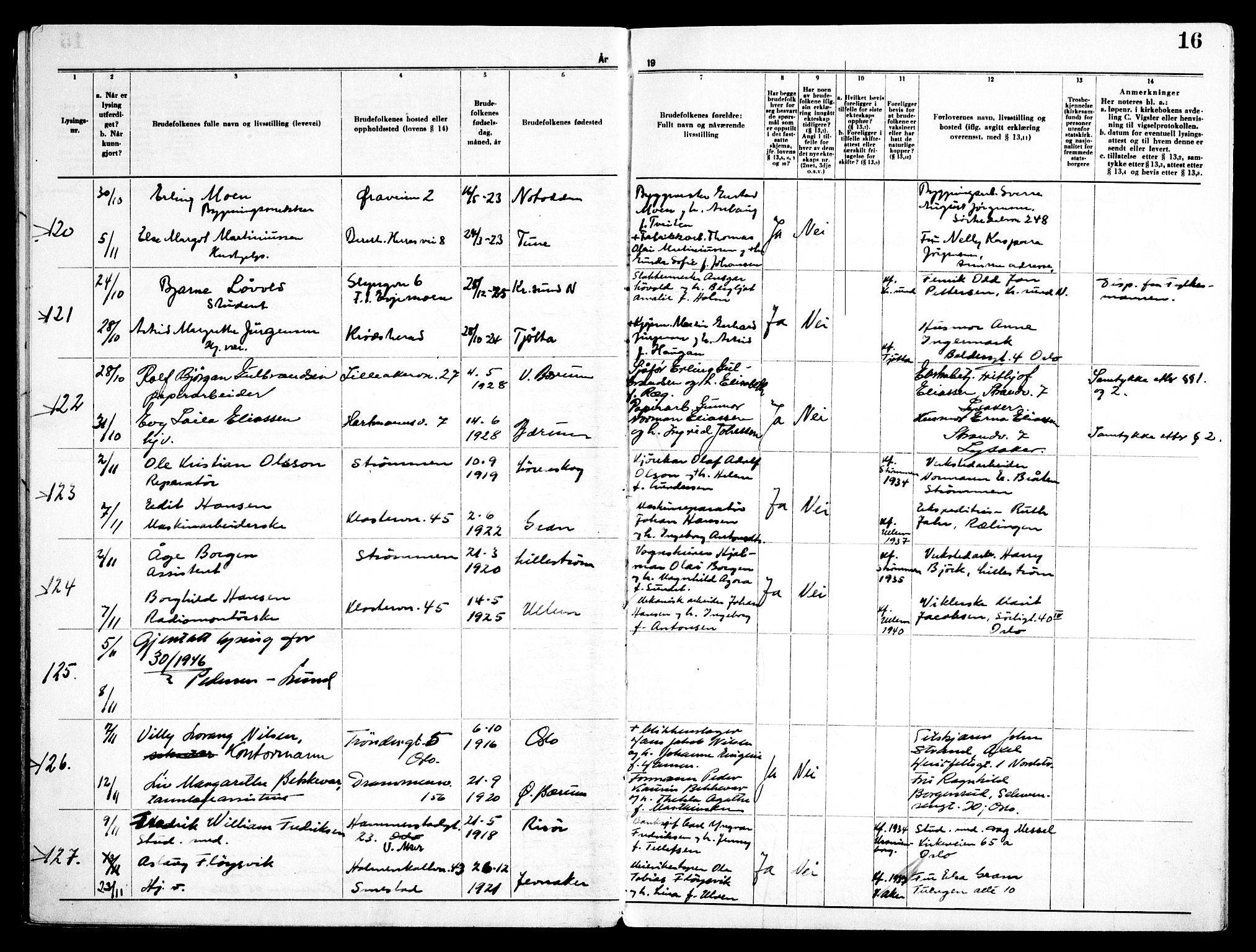 Ullern prestekontor Kirkebøker, AV/SAO-A-10740/H/L0005: Lysningsprotokoll nr. 5, 1946-1951, s. 16