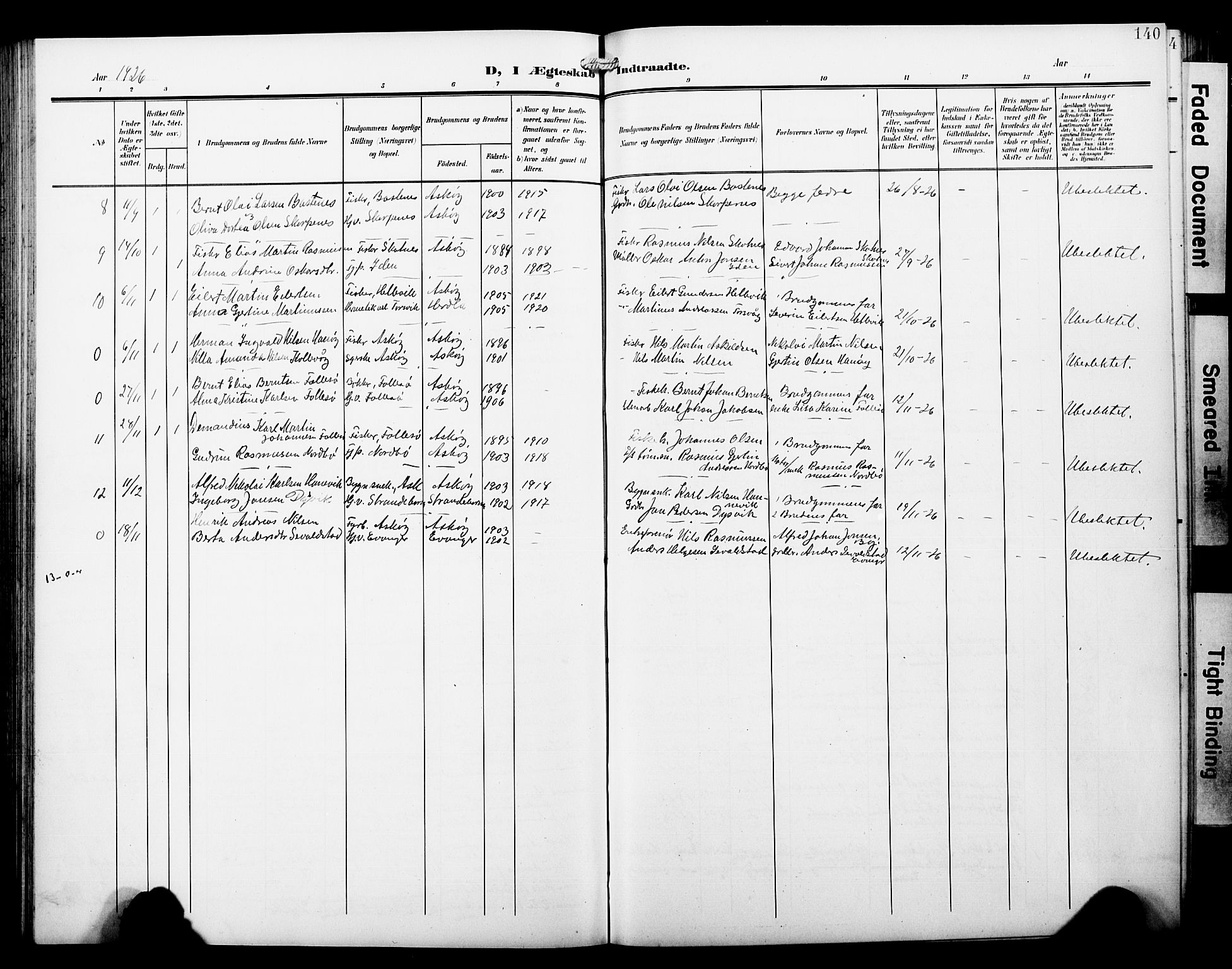 Askøy Sokneprestembete, AV/SAB-A-74101/H/Ha/Hab/Haba/L0014: Klokkerbok nr. A 14, 1904-1927, s. 140