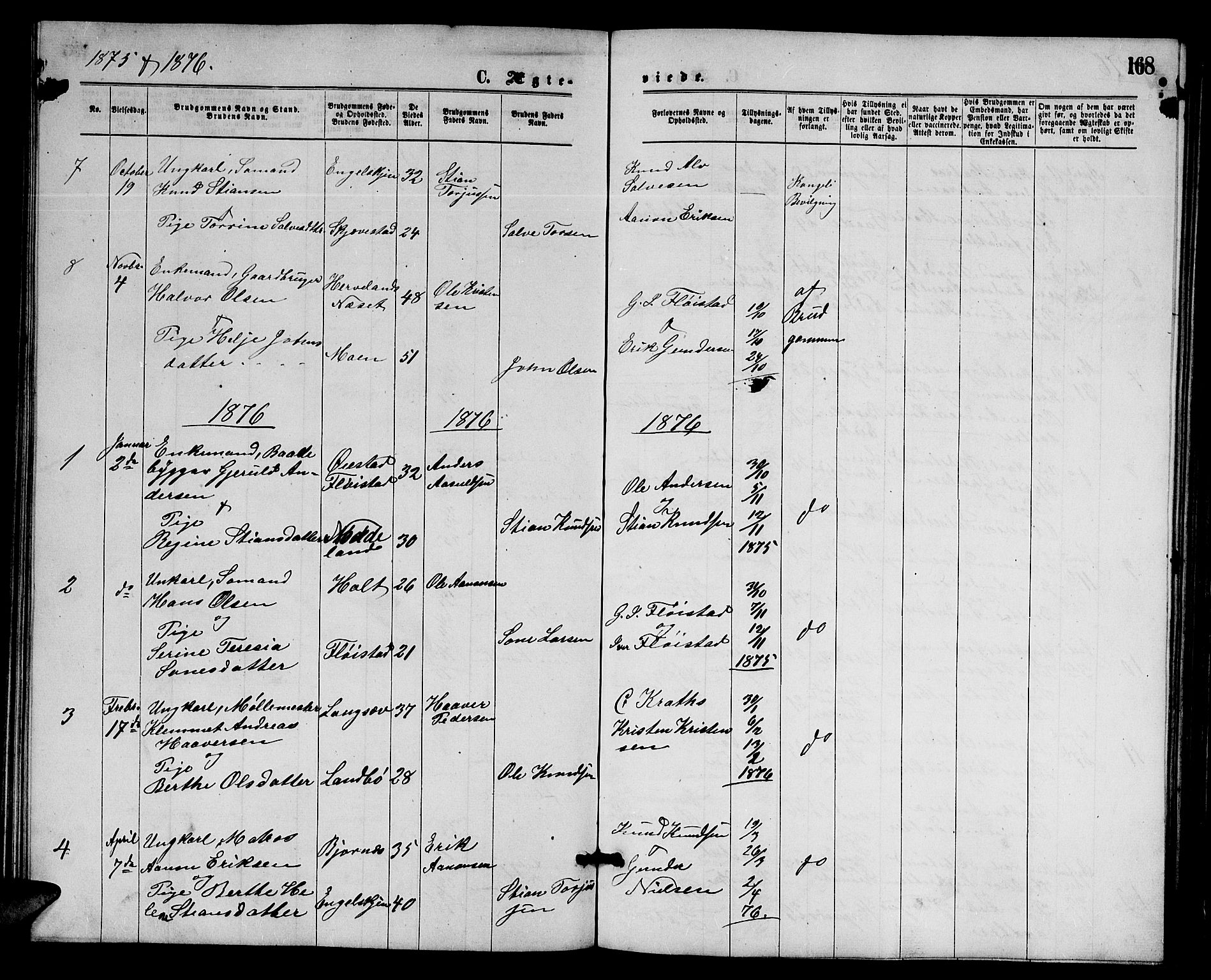 Austre Moland sokneprestkontor, SAK/1111-0001/F/Fb/Fba/L0002: Klokkerbok nr. B 2, 1869-1879, s. 168