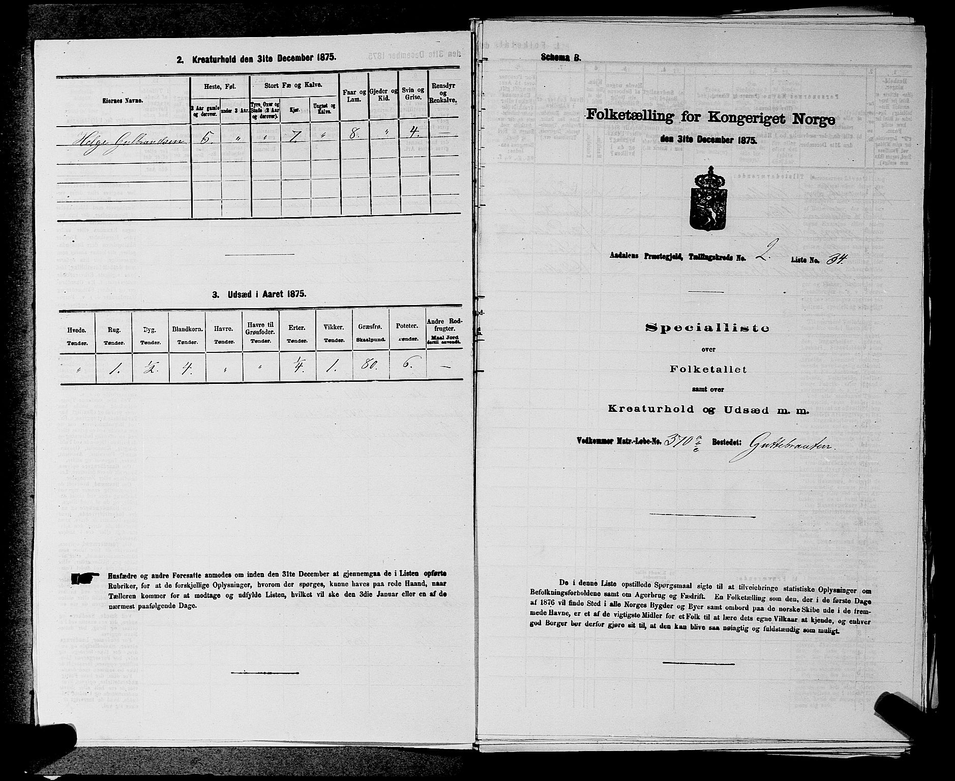 SAKO, Folketelling 1875 for 0614P Ådal prestegjeld, 1875, s. 288