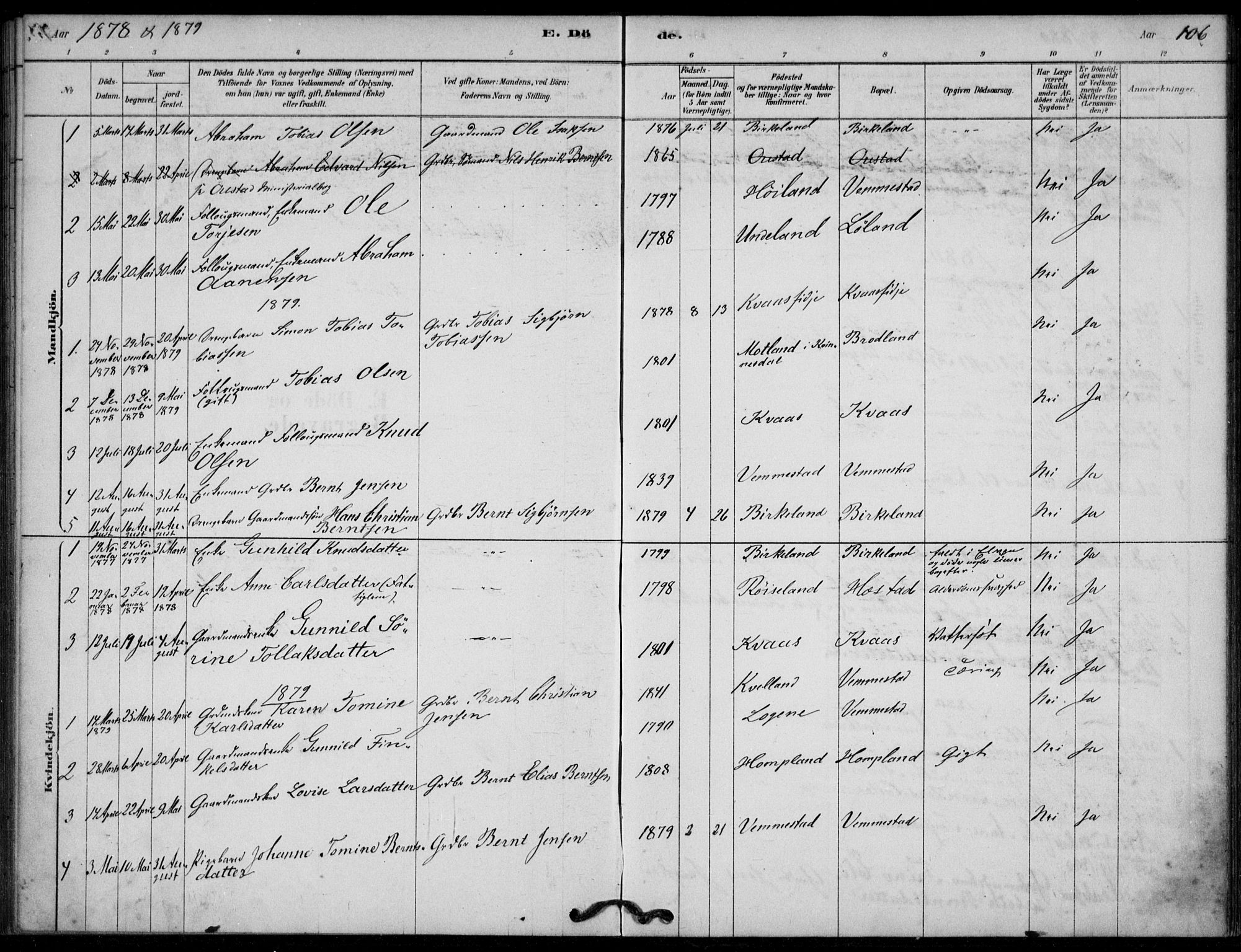 Lyngdal sokneprestkontor, AV/SAK-1111-0029/F/Fa/Fab/L0003: Ministerialbok nr. A 3, 1878-1903, s. 106