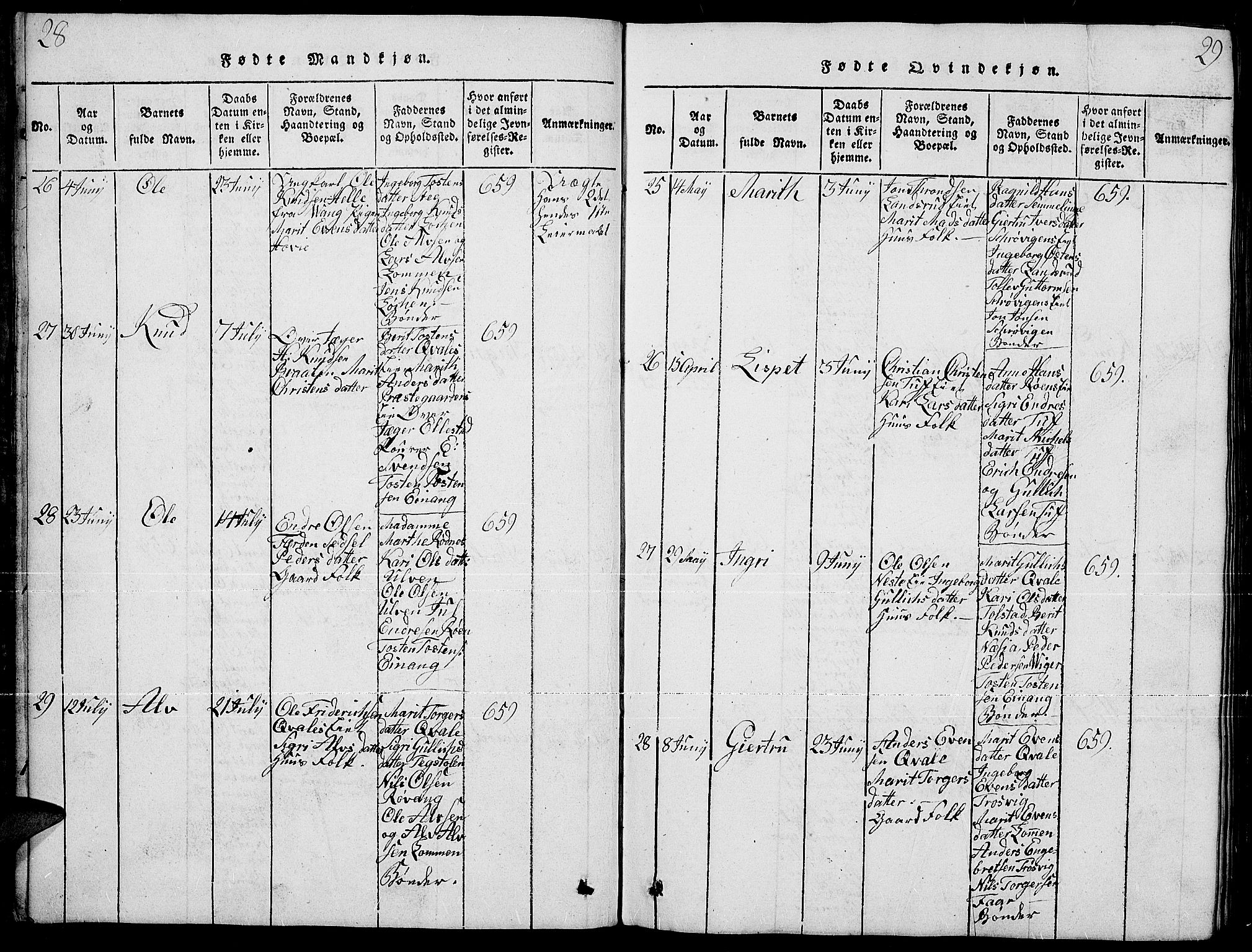 Slidre prestekontor, AV/SAH-PREST-134/H/Ha/Hab/L0001: Klokkerbok nr. 1, 1814-1838, s. 28-29