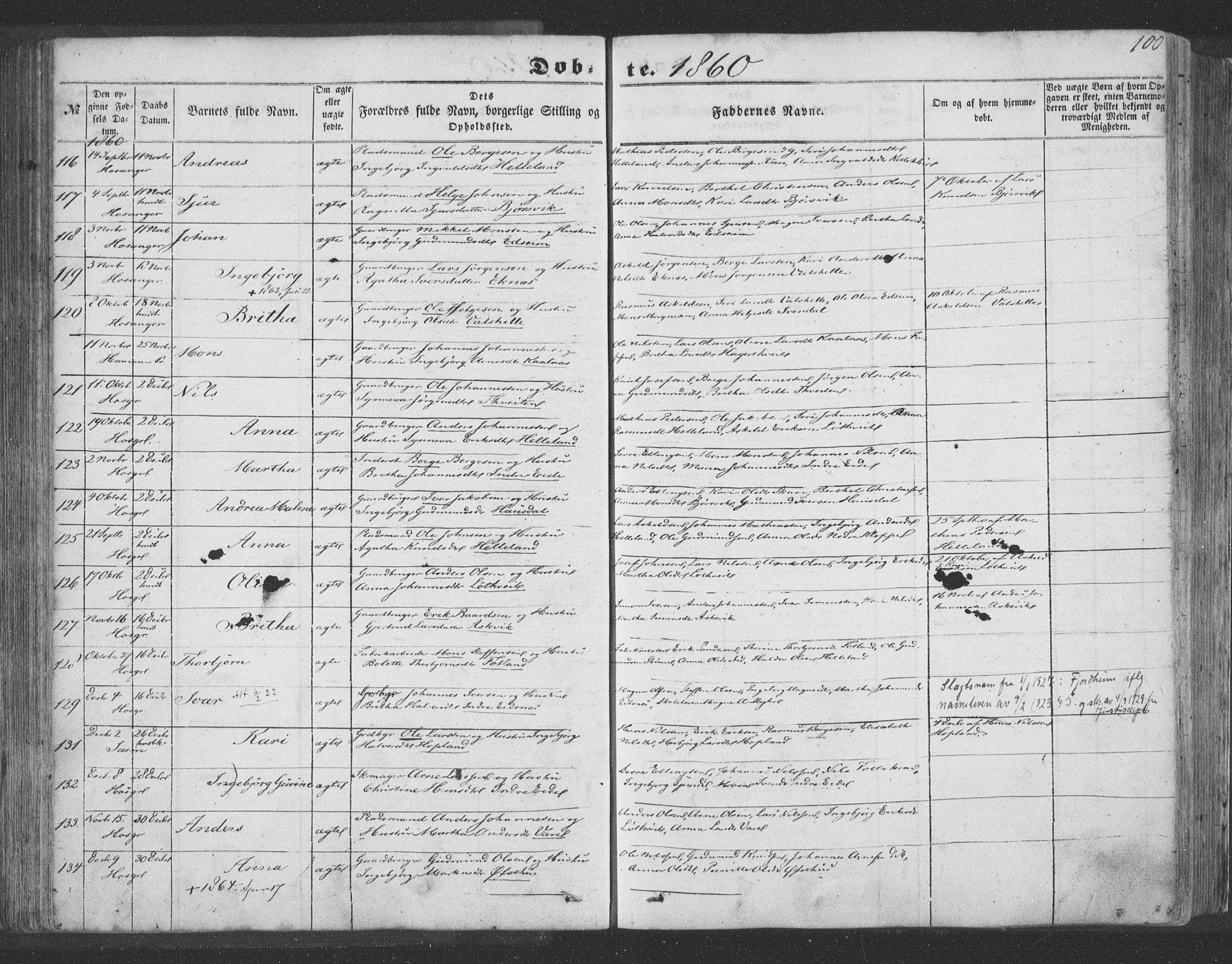 Hosanger sokneprestembete, AV/SAB-A-75801/H/Haa: Ministerialbok nr. A 8, 1849-1863, s. 100