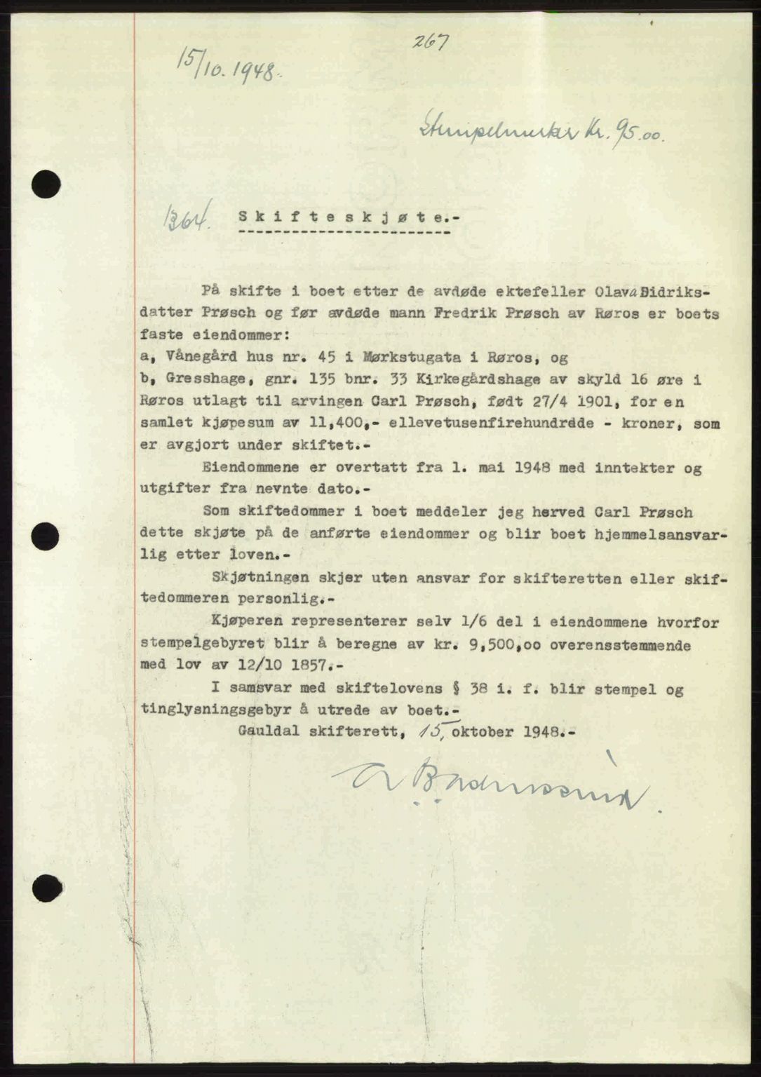 Gauldal sorenskriveri, SAT/A-0014/1/2/2C: Pantebok nr. A6, 1948-1948, Dagboknr: 1364/1948