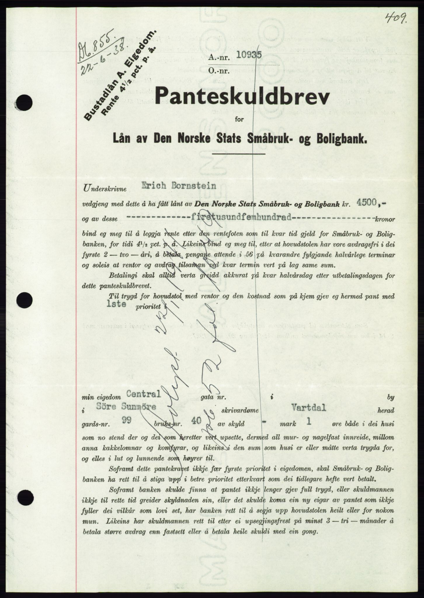 Søre Sunnmøre sorenskriveri, AV/SAT-A-4122/1/2/2C/L0065: Pantebok nr. 59, 1938-1938, Dagboknr: 855/1938