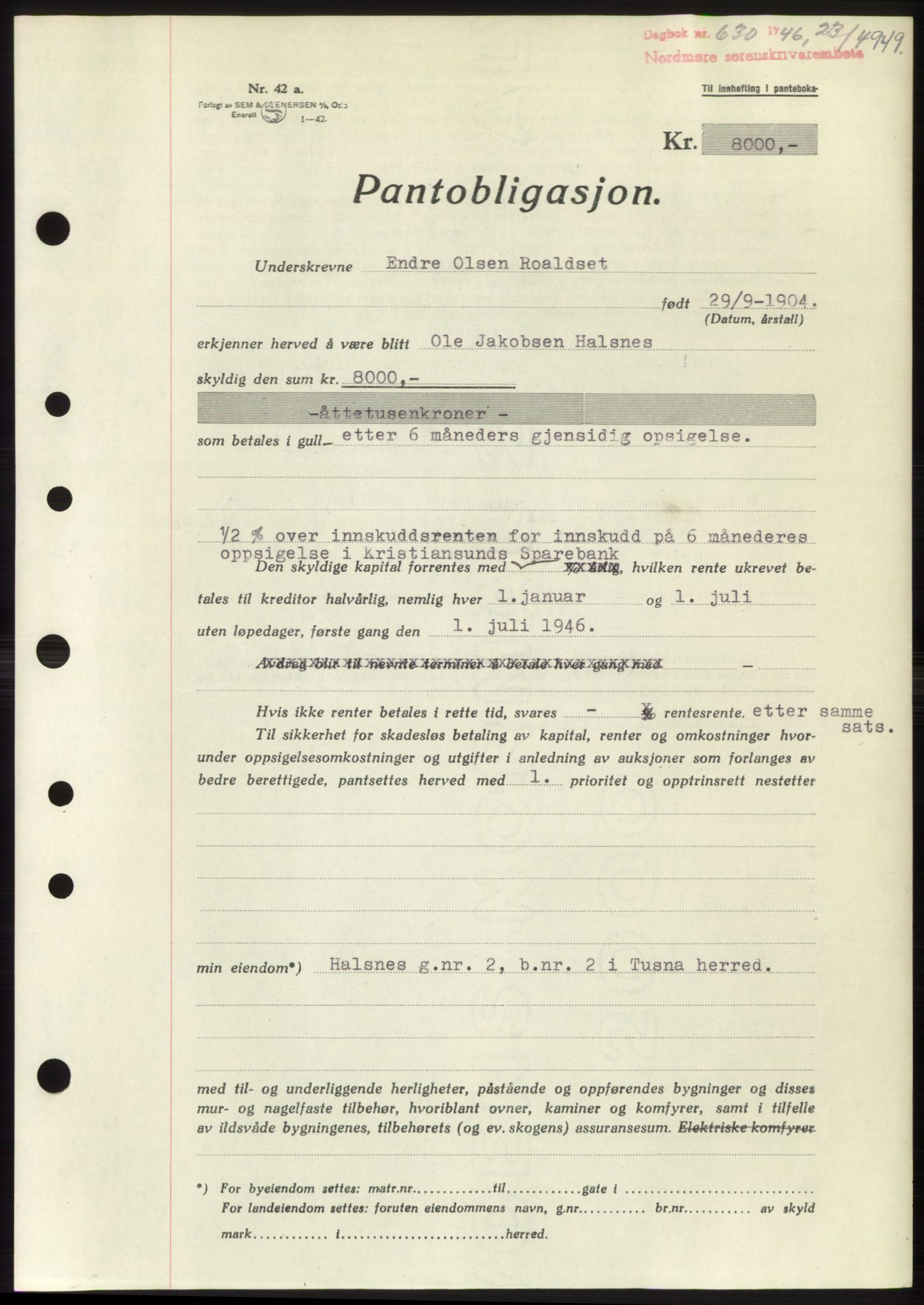 Nordmøre sorenskriveri, SAT/A-4132/1/2/2Ca: Pantebok nr. B93b, 1946-1946, Dagboknr: 630/1946