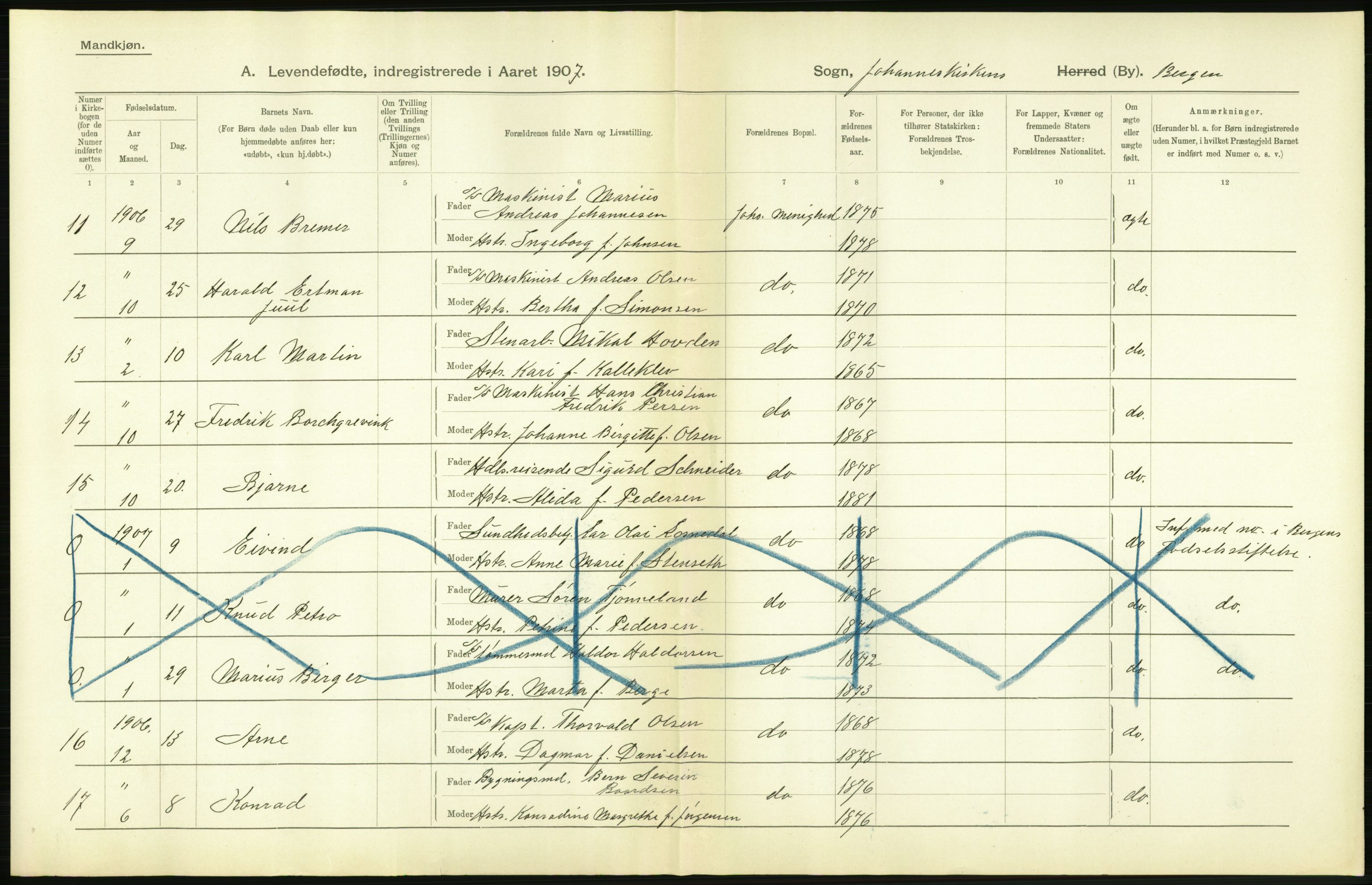 Statistisk sentralbyrå, Sosiodemografiske emner, Befolkning, AV/RA-S-2228/D/Df/Dfa/Dfae/L0030: Bergen: Levendefødte menn og kvinner., 1907, s. 44