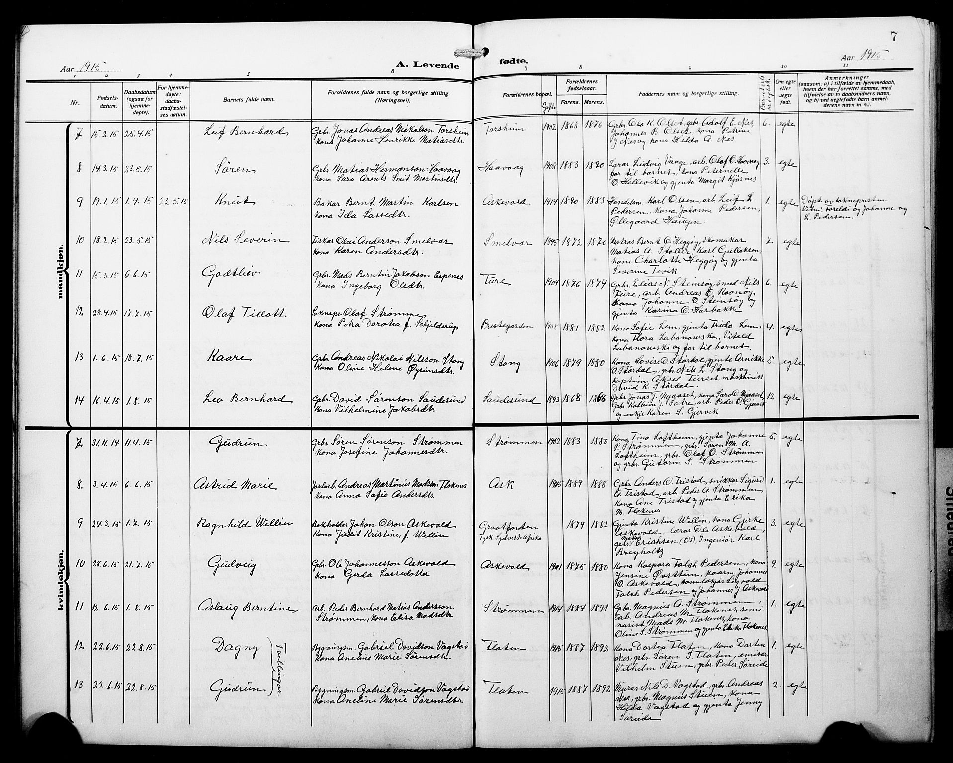 Askvoll sokneprestembete, AV/SAB-A-79501/H/Hab/Haba/L0004: Klokkerbok nr. A 4, 1913-1929, s. 7