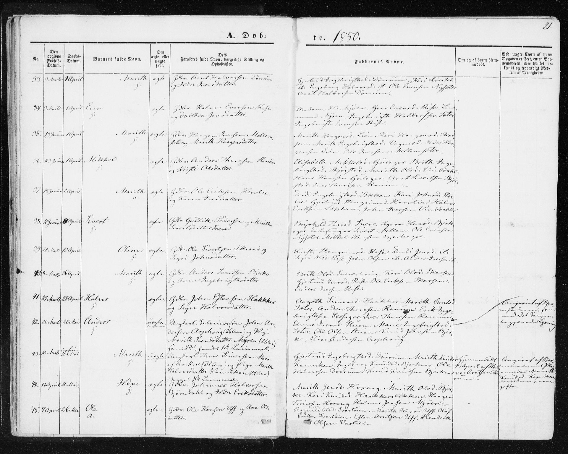 Ministerialprotokoller, klokkerbøker og fødselsregistre - Sør-Trøndelag, SAT/A-1456/678/L0899: Ministerialbok nr. 678A08, 1848-1872, s. 21