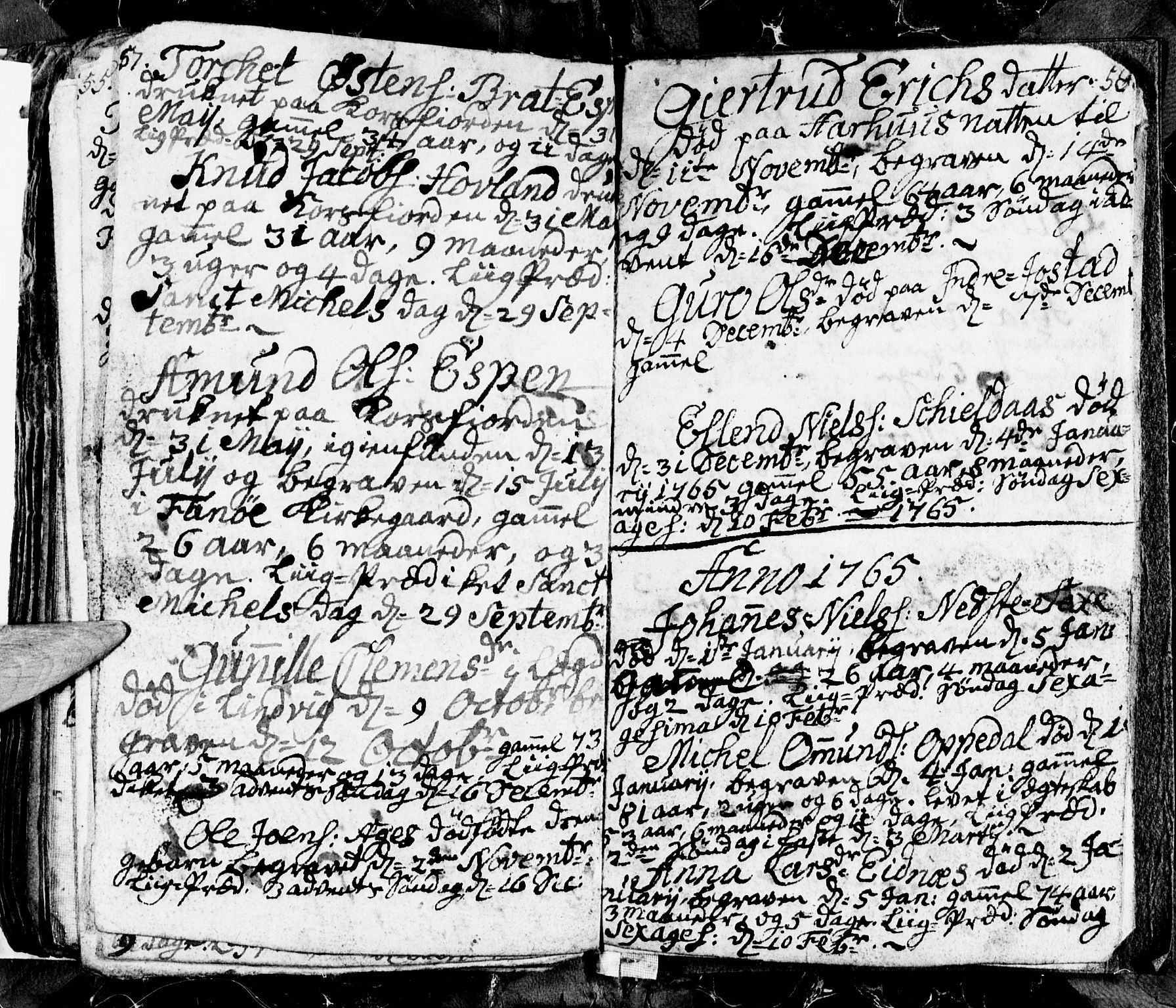 Ullensvang sokneprestembete, SAB/A-78701/H/Hab: Klokkerbok nr. B 1, 1764-1766, s. 57-58
