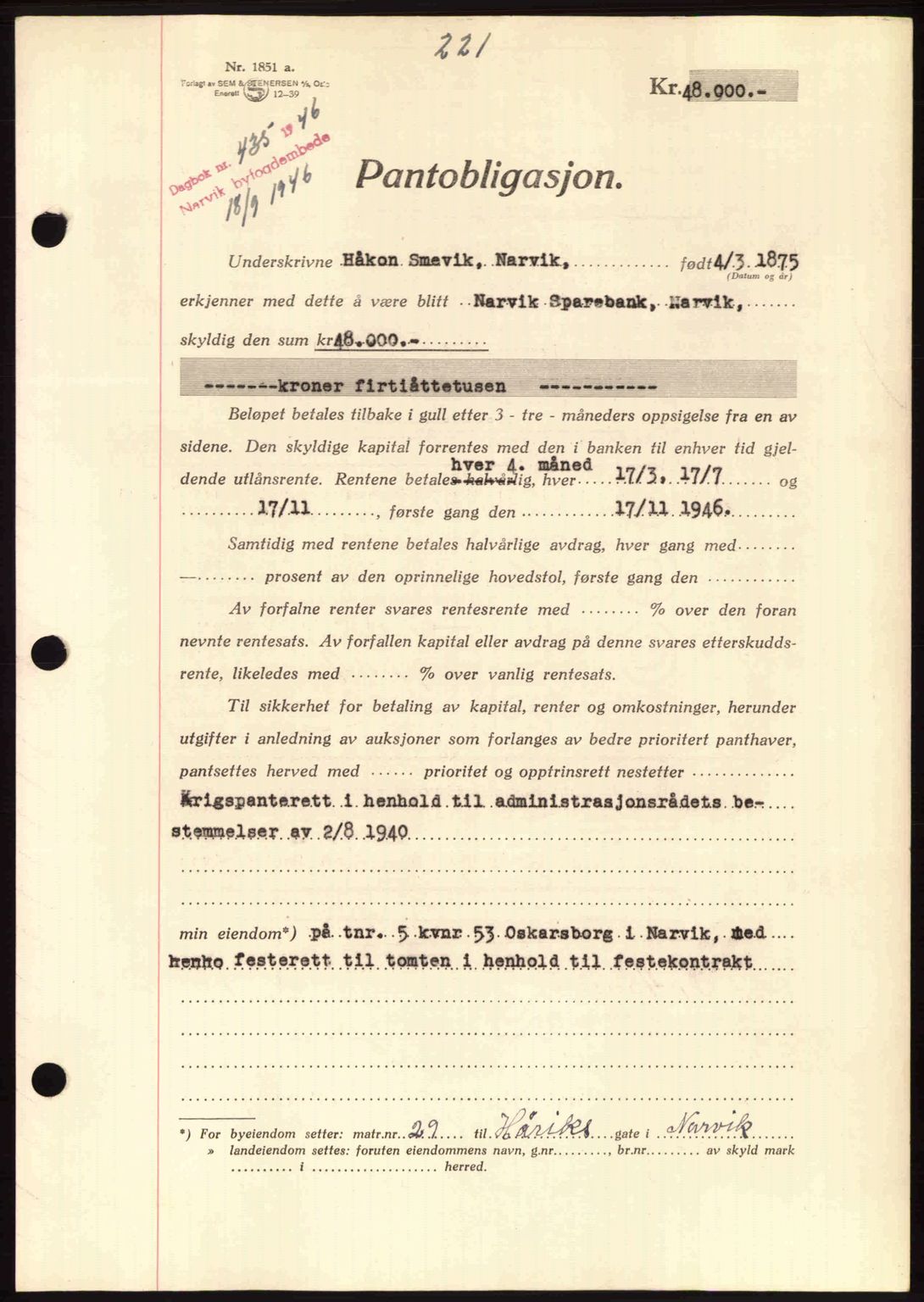 Narvik sorenskriveri, SAT/A-0002/1/2/2C/2Ca: Pantebok nr. A21, 1946-1947, Dagboknr: 435/1946