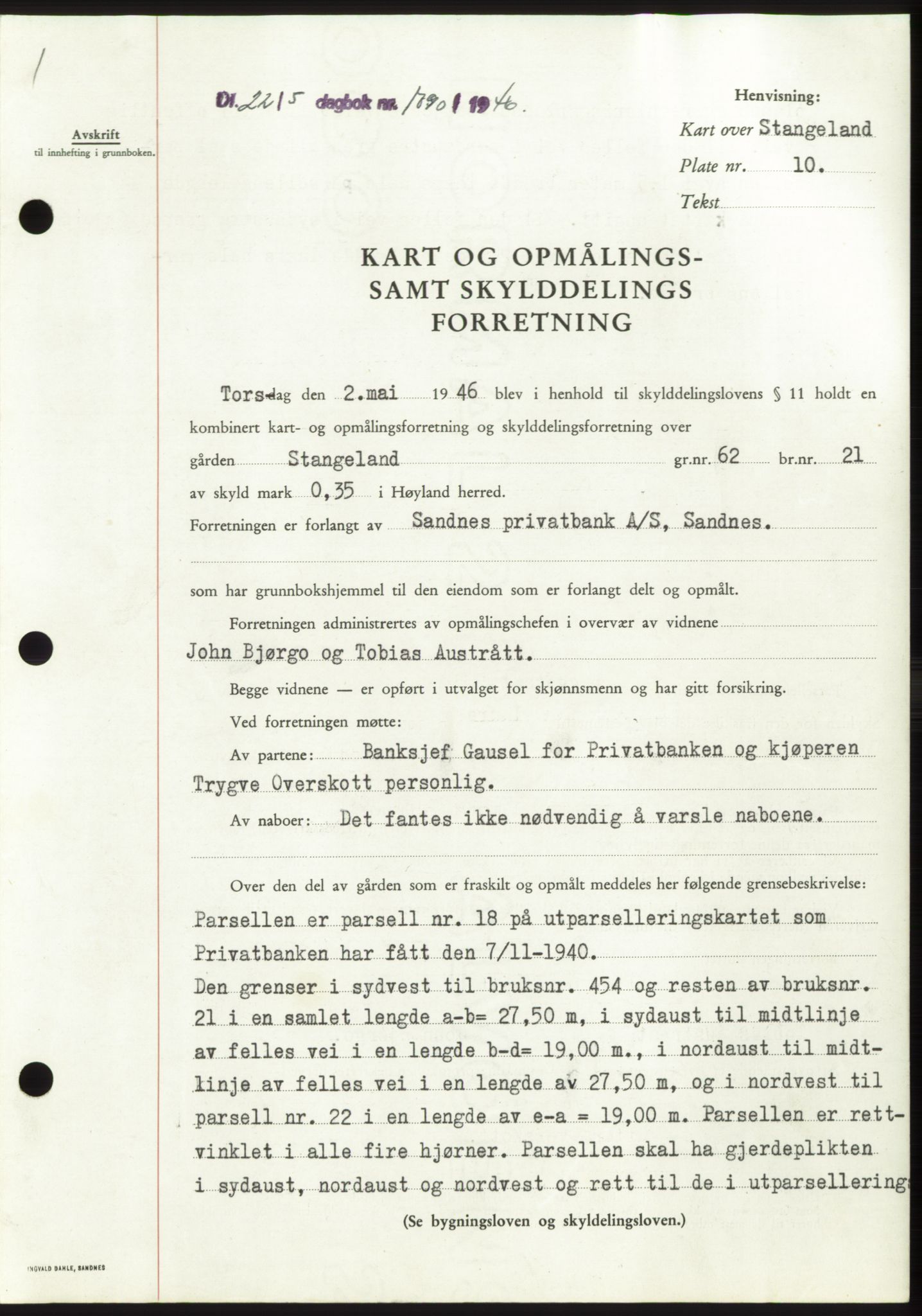 Jæren sorenskriveri, SAST/A-100310/03/G/Gba/L0090: Pantebok, 1946-1946, Dagboknr: 1790/1946