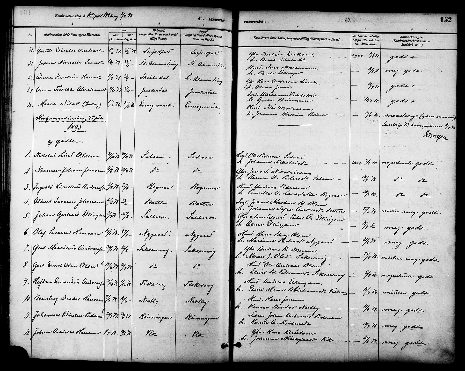 Ministerialprotokoller, klokkerbøker og fødselsregistre - Nordland, SAT/A-1459/847/L0669: Ministerialbok nr. 847A09, 1887-1901, s. 152