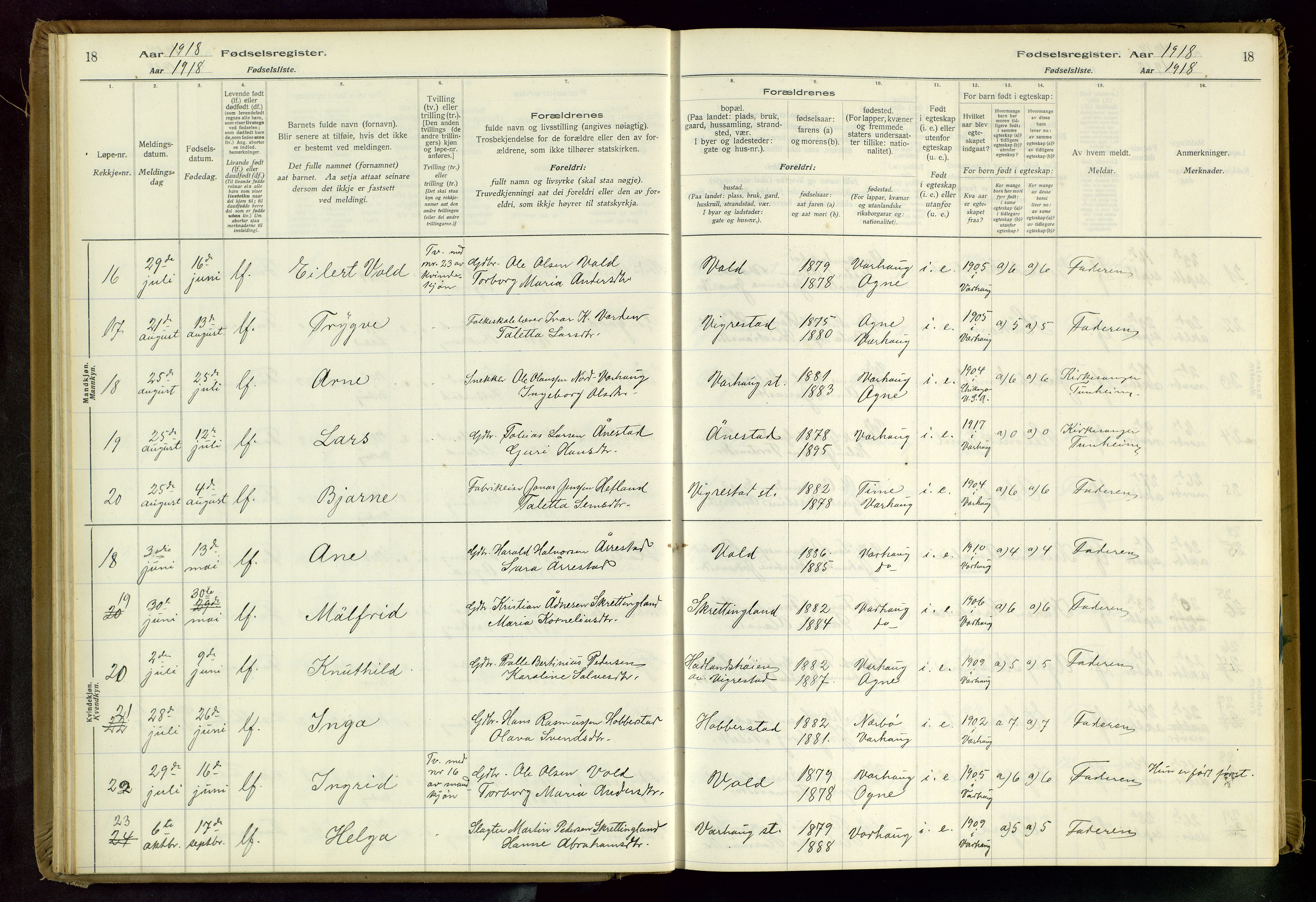 Hå sokneprestkontor, SAST/A-101801/001/704BA/L0001: Fødselsregister nr. 1, 1916-1944, s. 18