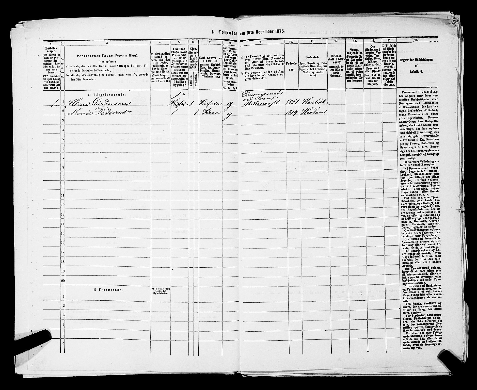 RA, Folketelling 1875 for 0204B Vestby prestegjeld, Hølen ladested, 1875, s. 12