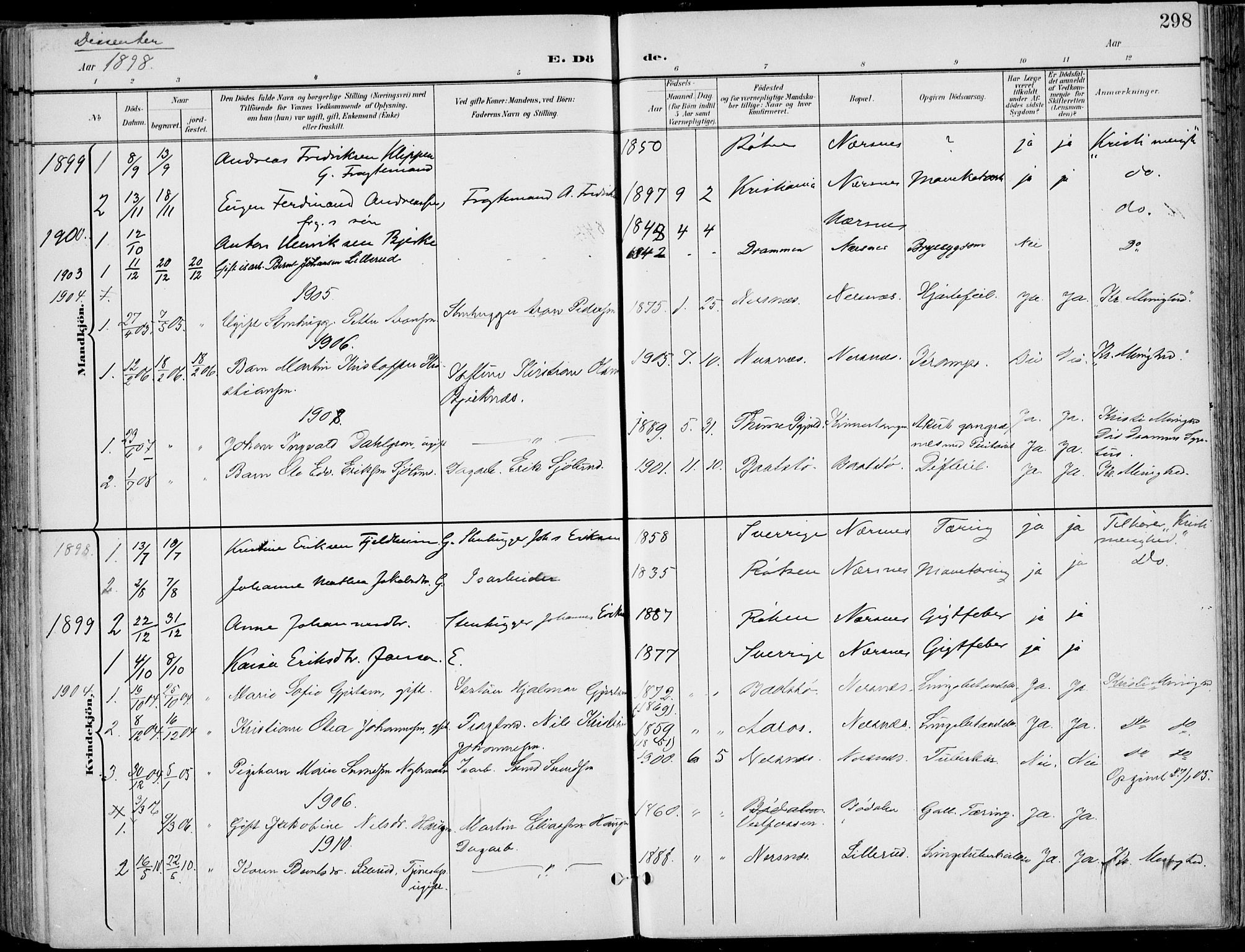 Røyken kirkebøker, AV/SAKO-A-241/F/Fa/L0009: Ministerialbok nr. 9, 1898-1911, s. 298