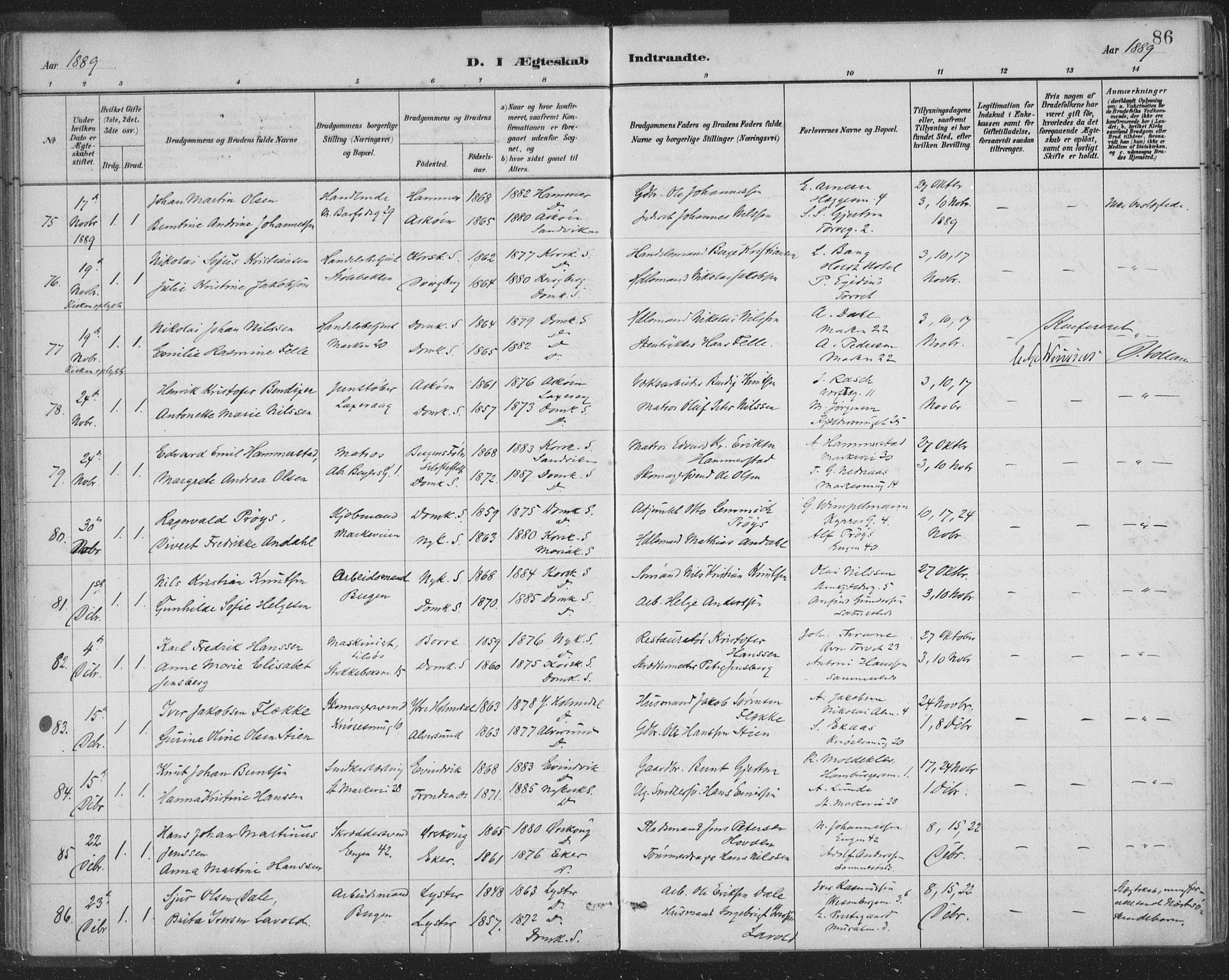 Domkirken sokneprestembete, AV/SAB-A-74801/H/Hab/L0032: Klokkerbok nr. D 4, 1880-1907, s. 86