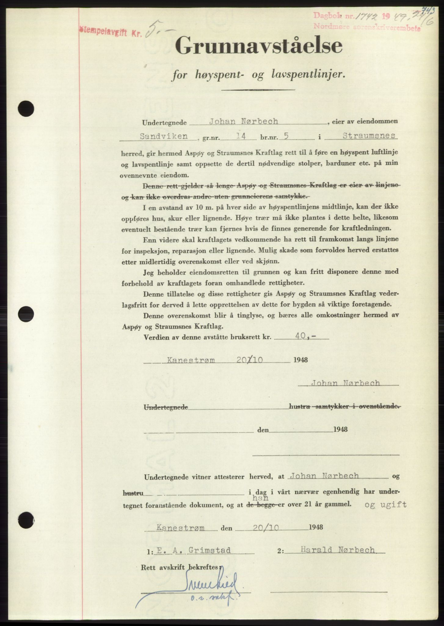 Nordmøre sorenskriveri, SAT/A-4132/1/2/2Ca: Pantebok nr. B101, 1949-1949, Dagboknr: 1742/1949
