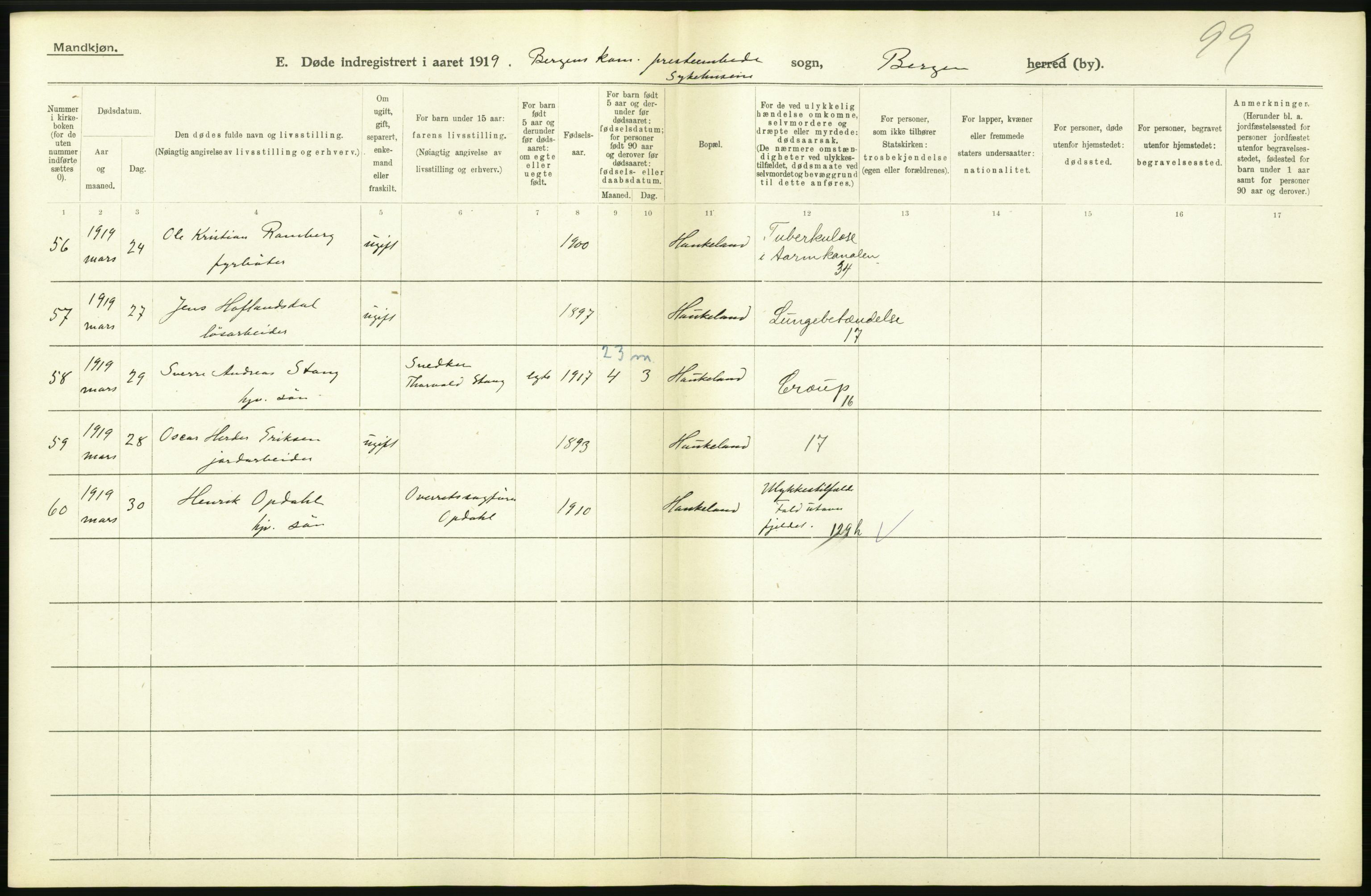 Statistisk sentralbyrå, Sosiodemografiske emner, Befolkning, AV/RA-S-2228/D/Df/Dfb/Dfbi/L0035: Bergen: Gifte, døde, dødfødte., 1919, s. 366