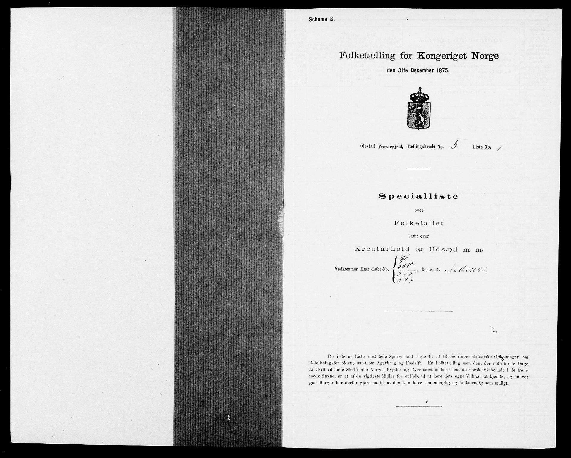 SAK, Folketelling 1875 for 0920P Øyestad prestegjeld, 1875, s. 603