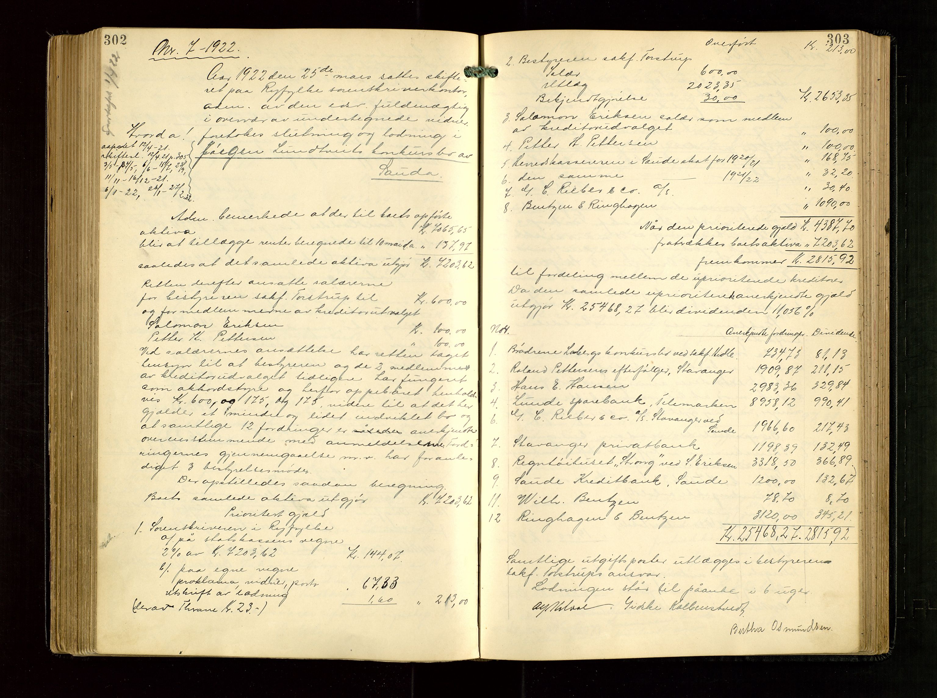 Ryfylke tingrett, SAST/A-100055/001/IV/IVG/L0005: Skifteudlodningsprotokoll Med register, 1918-1924, s. 302-303