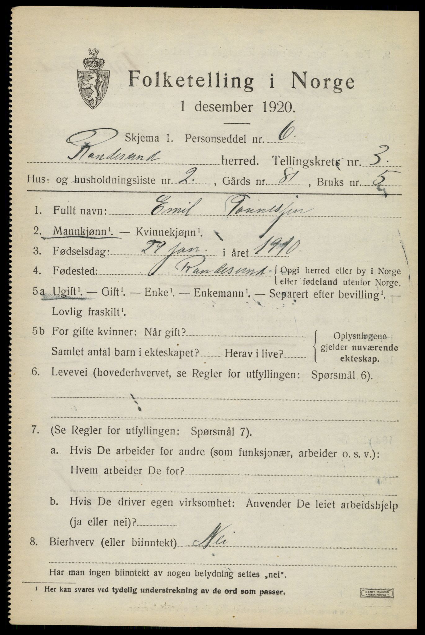 SAK, Folketelling 1920 for 1011 Randesund herred, 1920, s. 1476