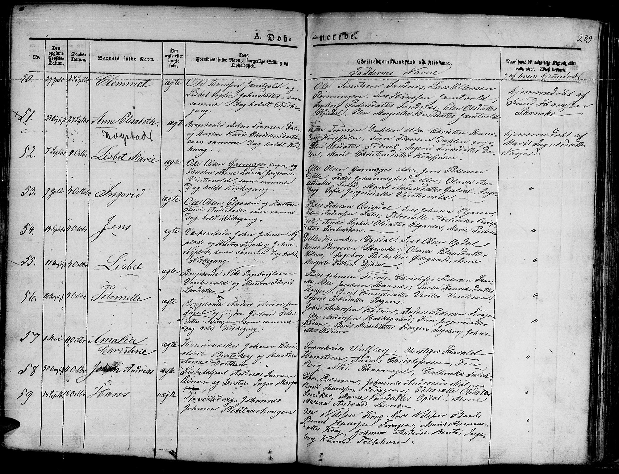Ministerialprotokoller, klokkerbøker og fødselsregistre - Sør-Trøndelag, SAT/A-1456/681/L0938: Klokkerbok nr. 681C02, 1829-1879, s. 289