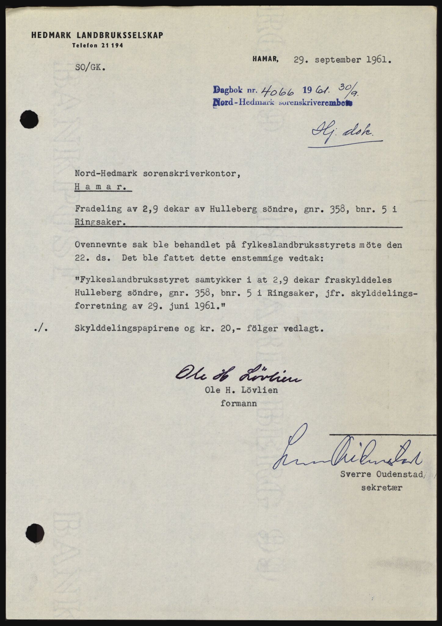 Nord-Hedmark sorenskriveri, SAH/TING-012/H/Hc/L0015: Pantebok nr. 15, 1961-1961, Dagboknr: 4066/1961