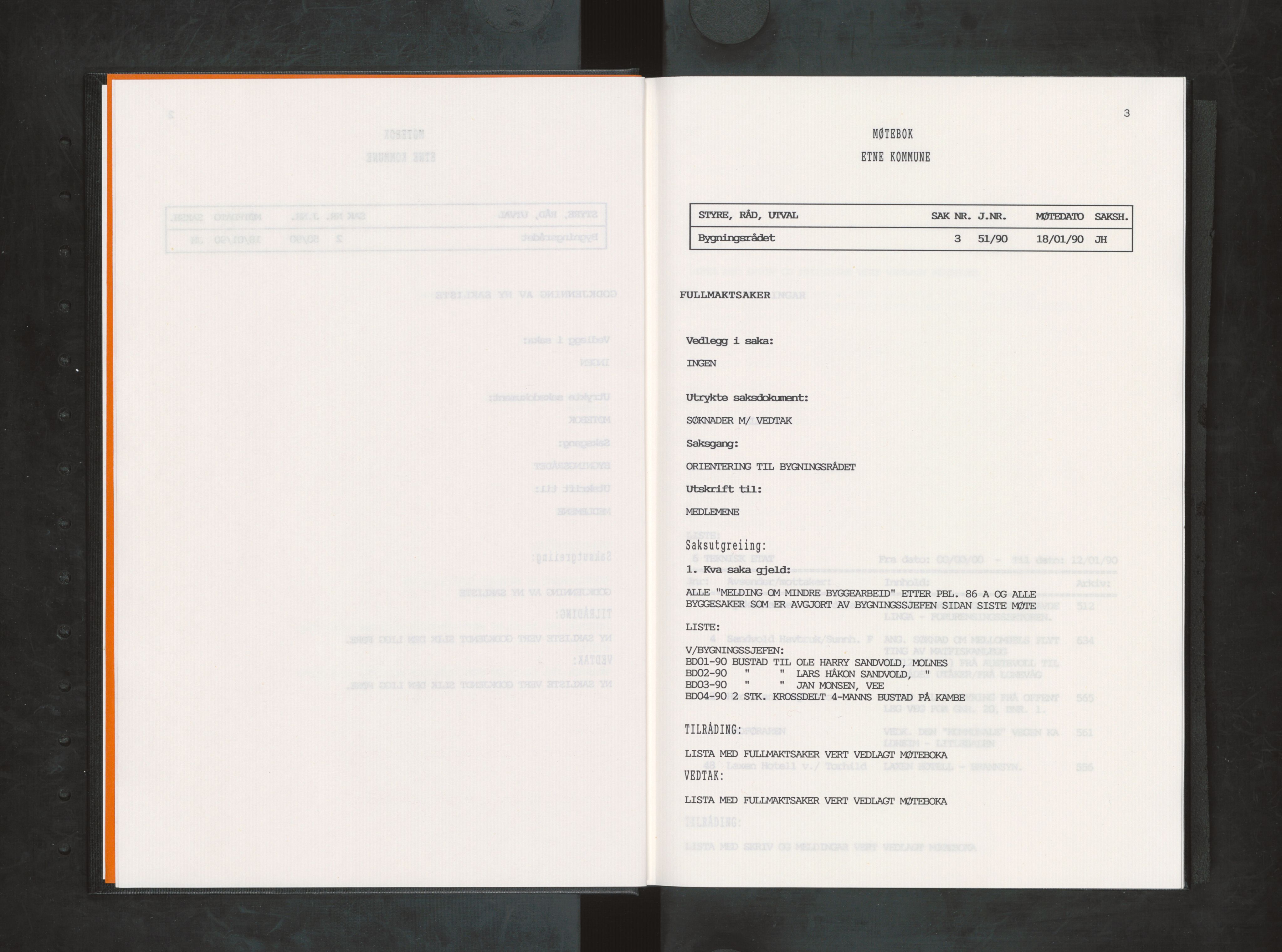 Etne kommune. Bygningsrådet, IKAH/1211-511/A/Aa/L0043: Møtebok Etne bygningsråd I, 1990