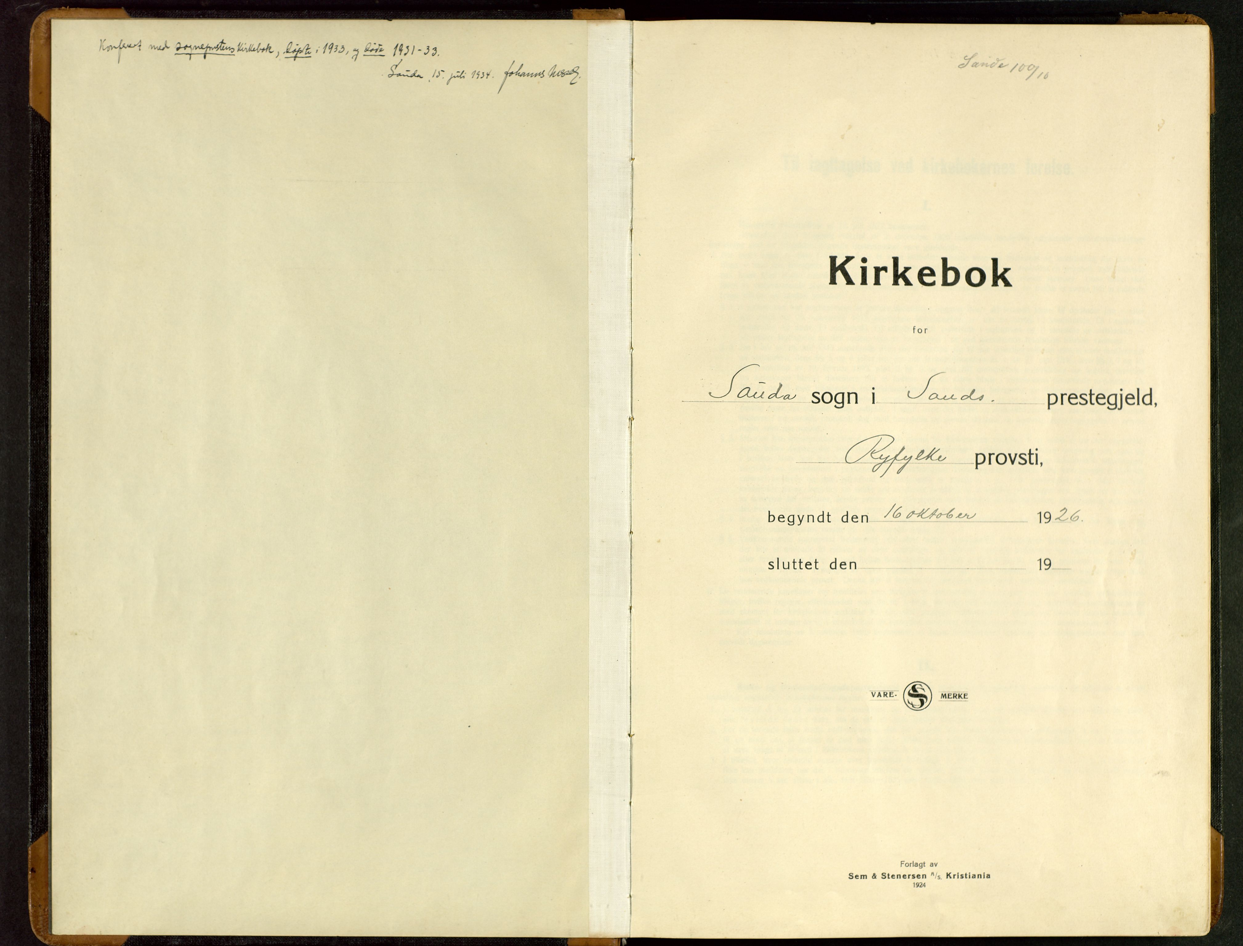 Sand sokneprestkontor, SAST/A-101848/03/C/L0002: Klokkerbok nr. B 6, 1926-1946