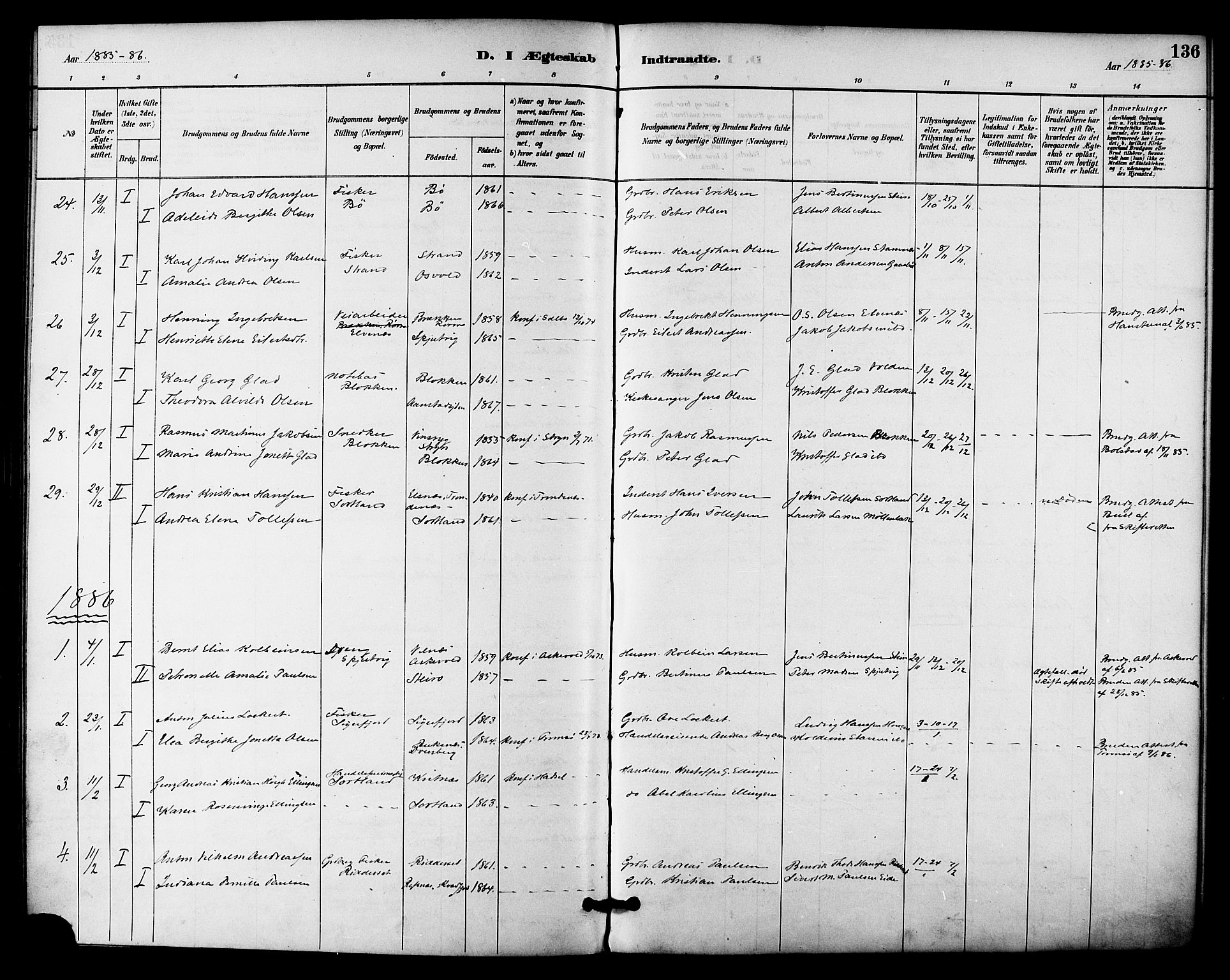 Ministerialprotokoller, klokkerbøker og fødselsregistre - Nordland, AV/SAT-A-1459/895/L1371: Ministerialbok nr. 895A06, 1885-1894, s. 136