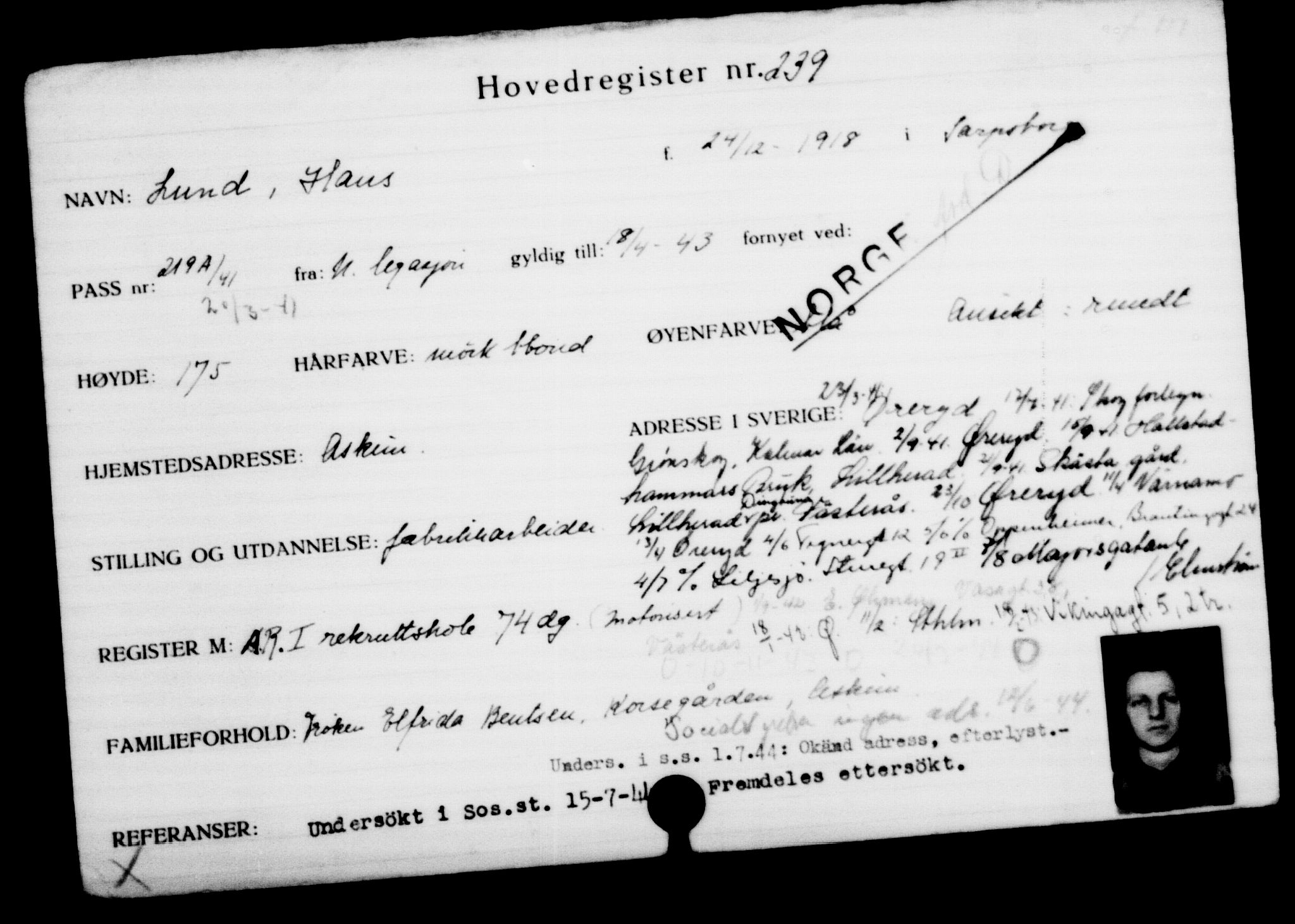 Utenriksstasjonene, Legasjonen i Stockholm, Flyktningkontoret, AV/RA-S-6753/V/Va/L0001: Kjesäterkartoteket, flyktninger med registreringsnr. 1-1000, 1940-1945, s. 383