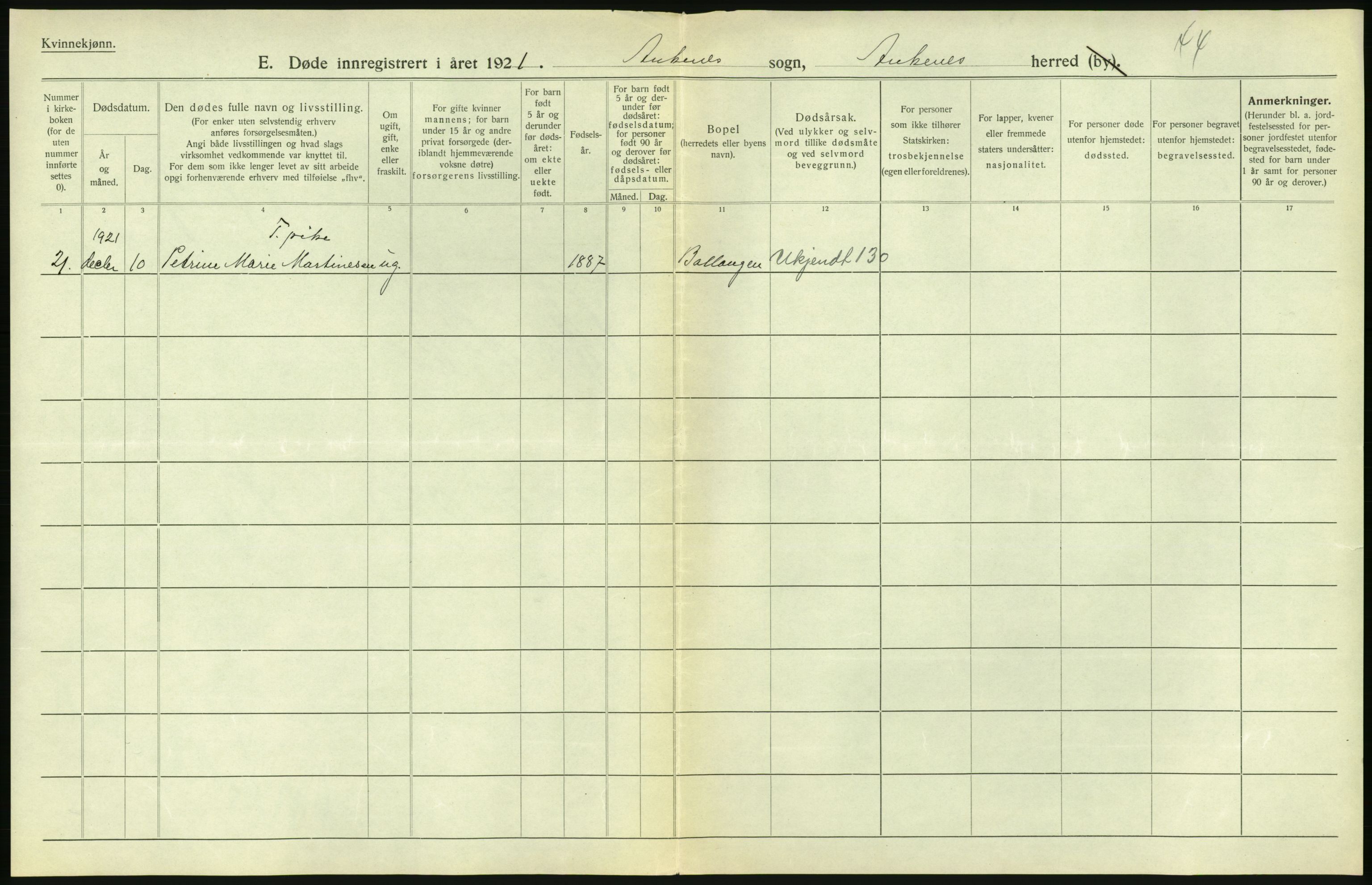 Statistisk sentralbyrå, Sosiodemografiske emner, Befolkning, AV/RA-S-2228/D/Df/Dfc/Dfca/L0051: Nordland fylke: Døde. Bygder og byer., 1921