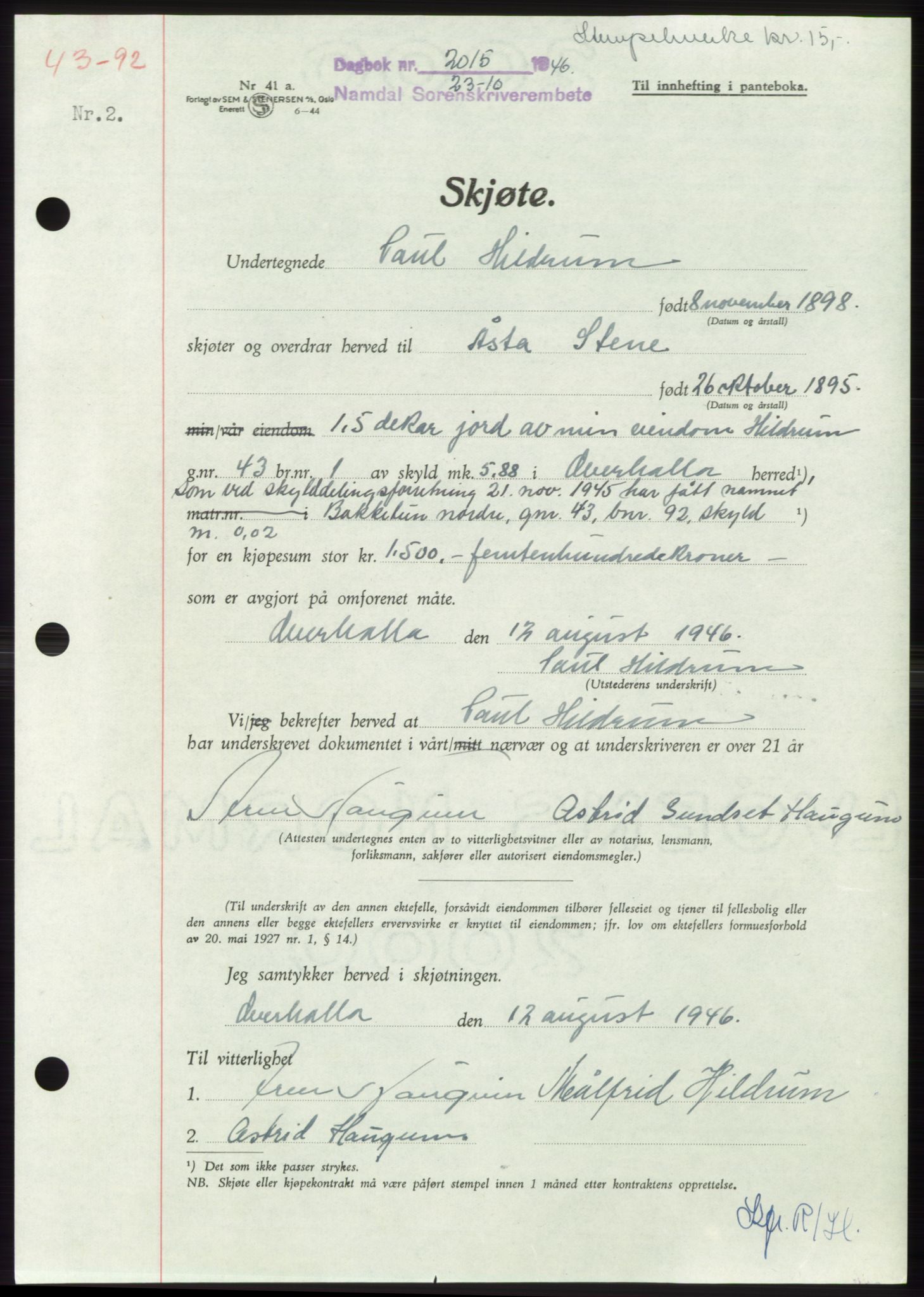 Namdal sorenskriveri, SAT/A-4133/1/2/2C: Pantebok nr. -, 1946-1947, Dagboknr: 2015/1946