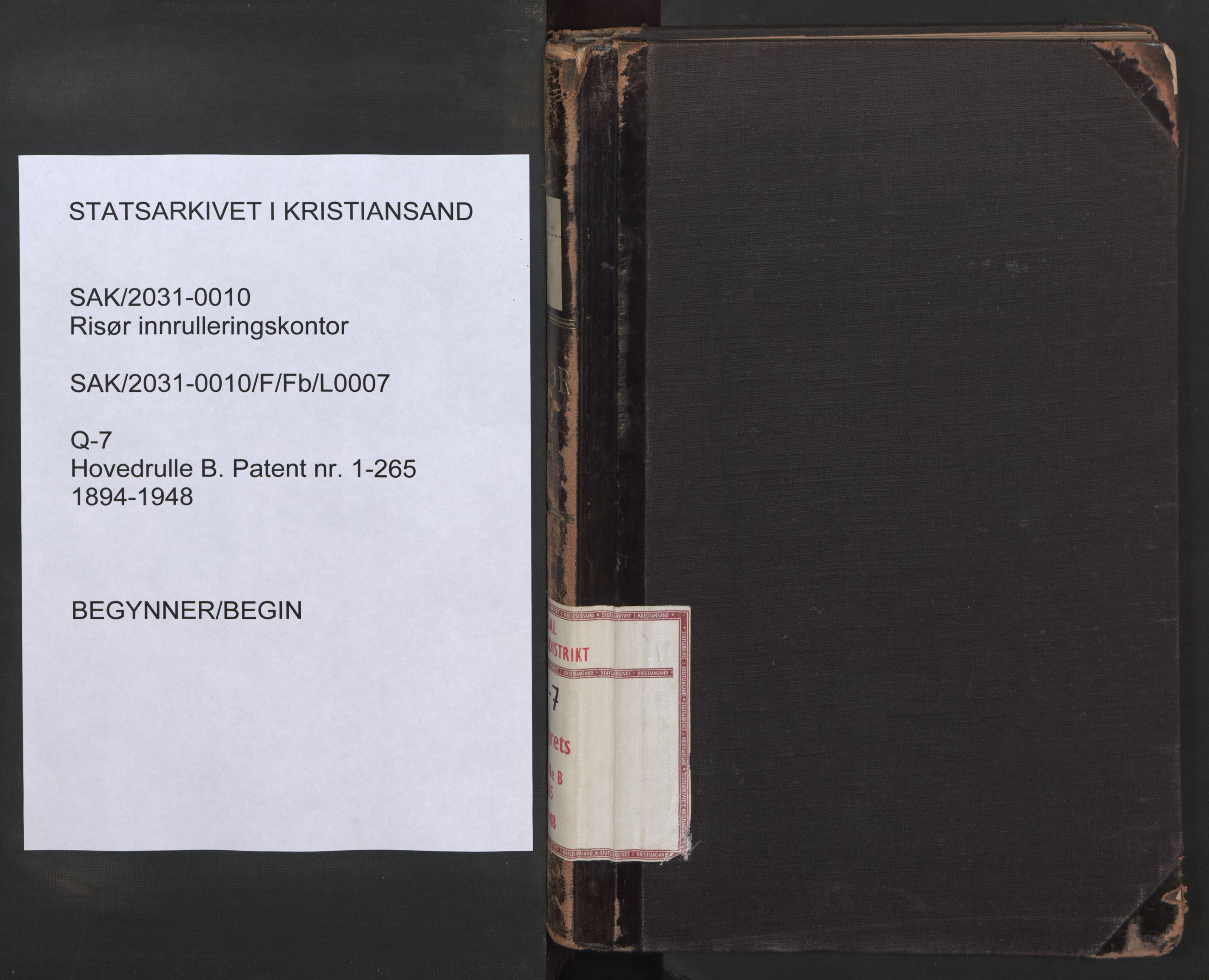 Risør mønstringskrets, SAK/2031-0010/F/Fb/L0007: Hovedrulle B nr 1-265, Q-7, 1894-1948, s. 1