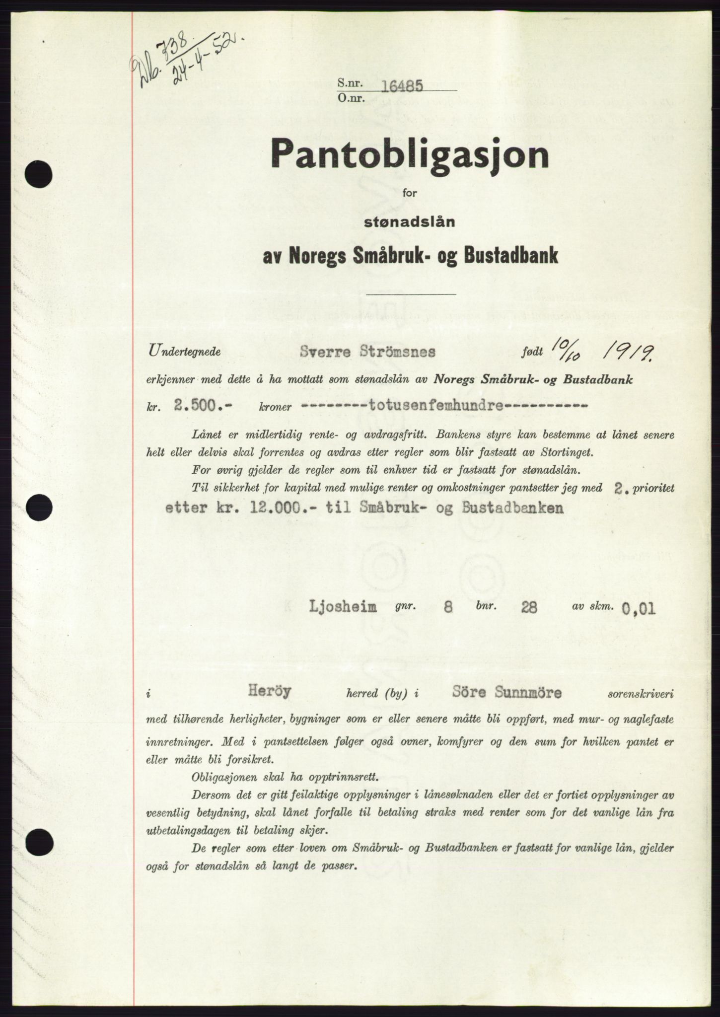 Søre Sunnmøre sorenskriveri, AV/SAT-A-4122/1/2/2C/L0121: Pantebok nr. 9B, 1951-1952, Dagboknr: 738/1952