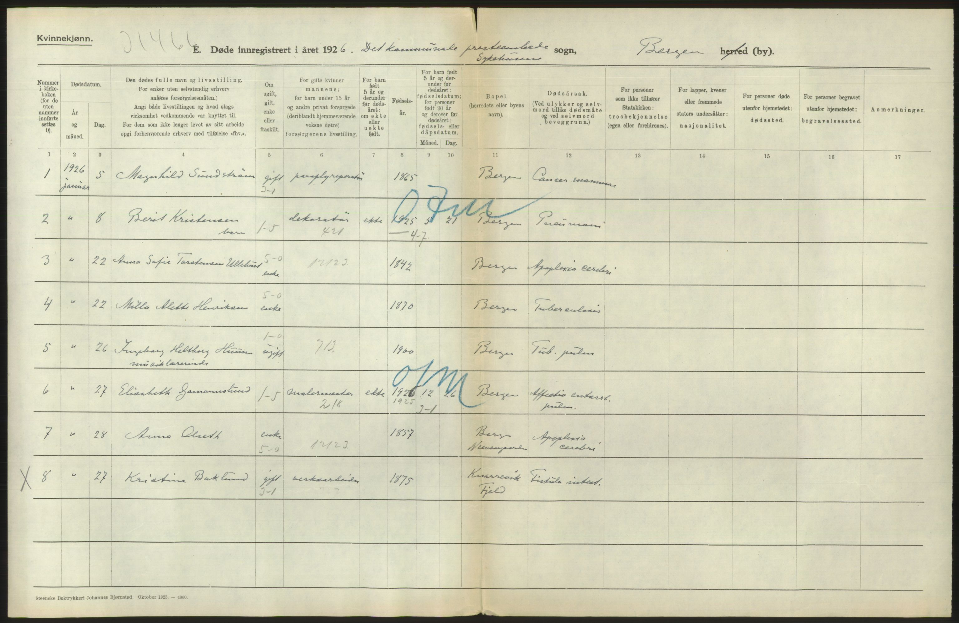 Statistisk sentralbyrå, Sosiodemografiske emner, Befolkning, AV/RA-S-2228/D/Df/Dfc/Dfcf/L0028: Bergen: Gifte, døde, dødfødte., 1926, s. 568