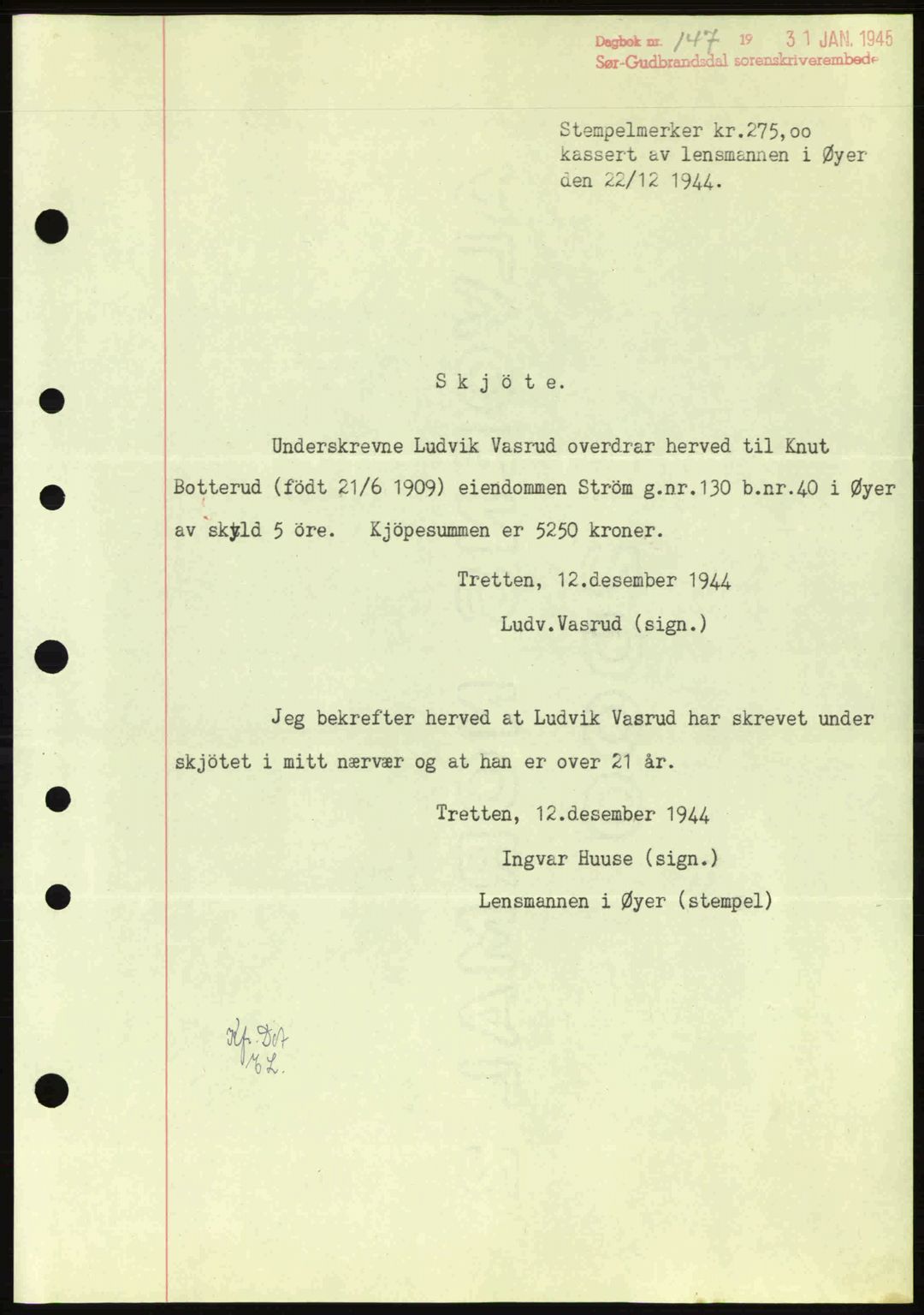 Sør-Gudbrandsdal tingrett, SAH/TING-004/H/Hb/Hbd/L0014: Pantebok nr. A14, 1944-1945, Dagboknr: 147/1945